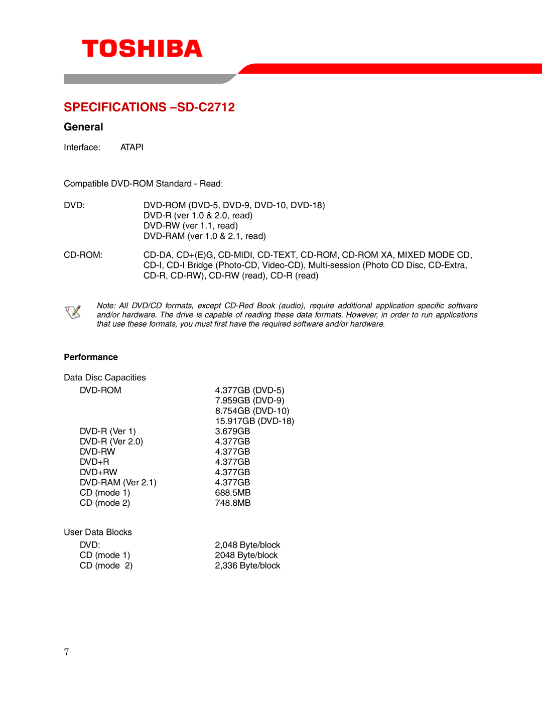 Toshiba user manual Specifications -SD-C2712, Performance 