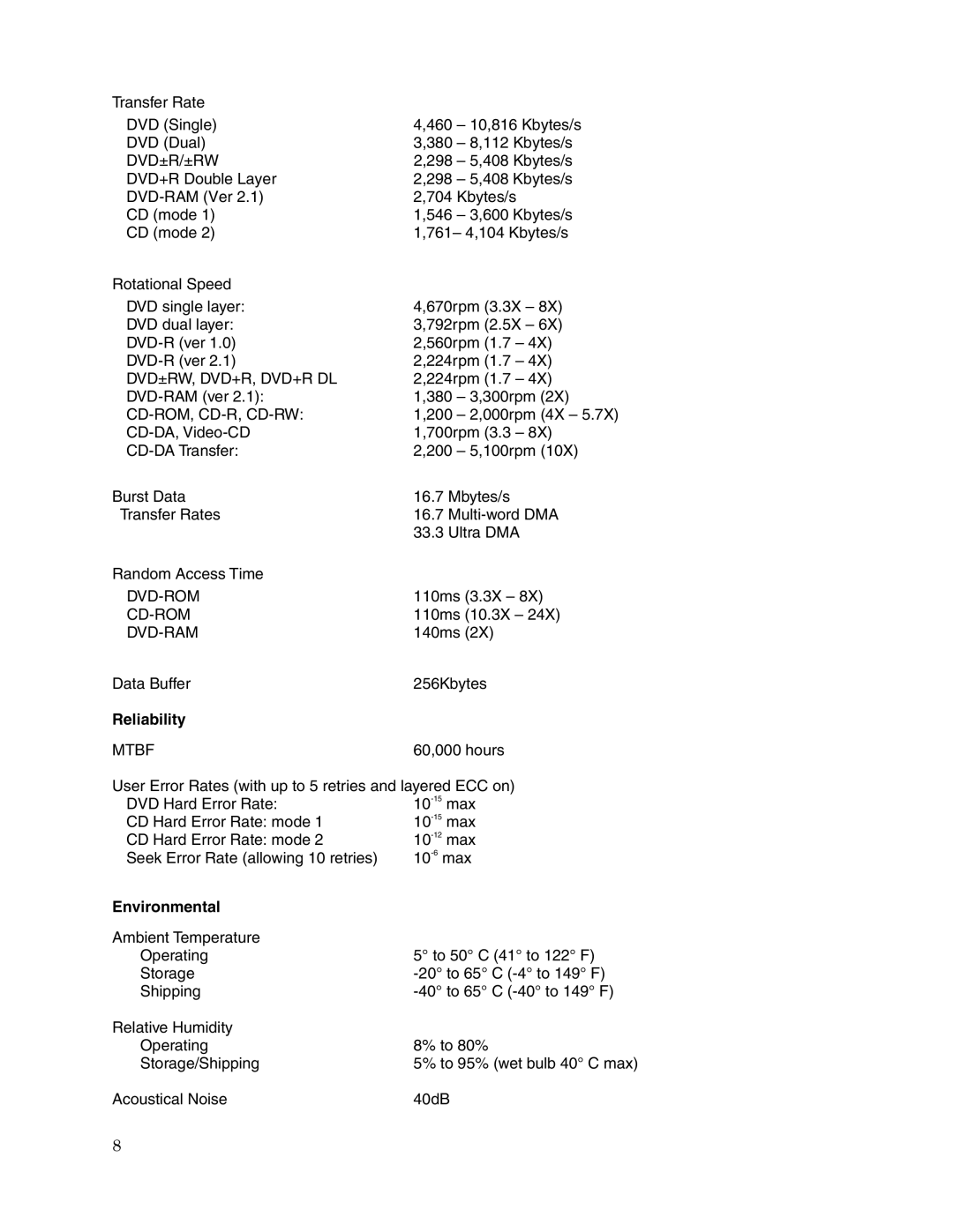 Toshiba SD-C2732 user manual Reliability, Environmental 