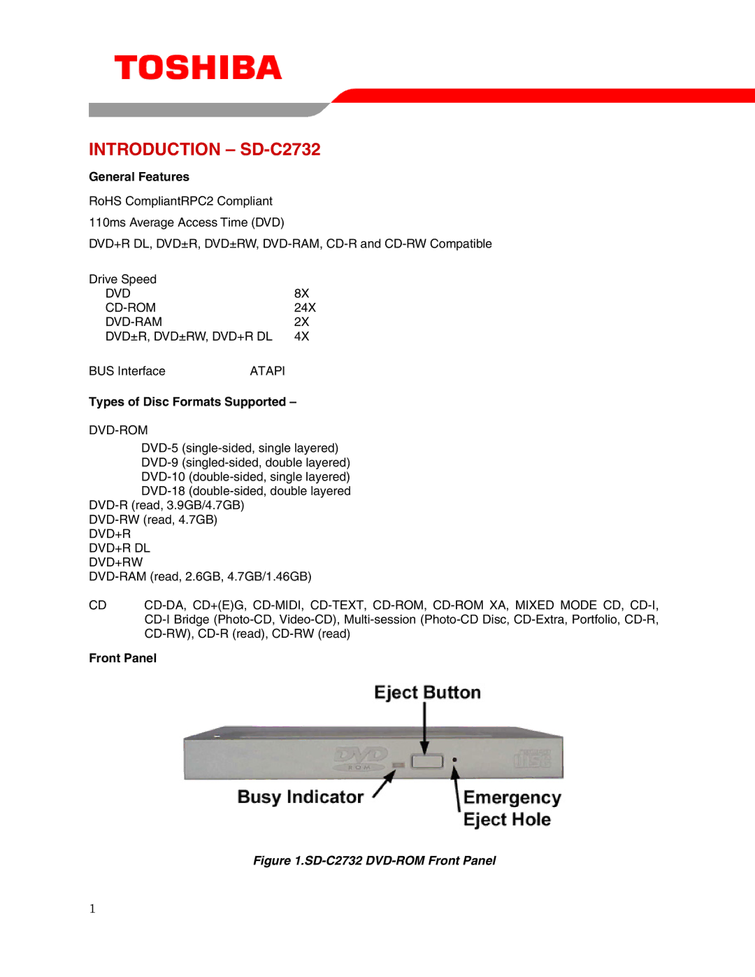 Toshiba user manual Introduction SD-C2732, General Features, Types of Disc Formats Supported, Front Panel 