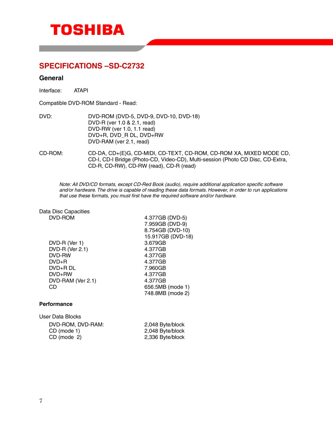 Toshiba user manual Specifications -SD-C2732, Performance 