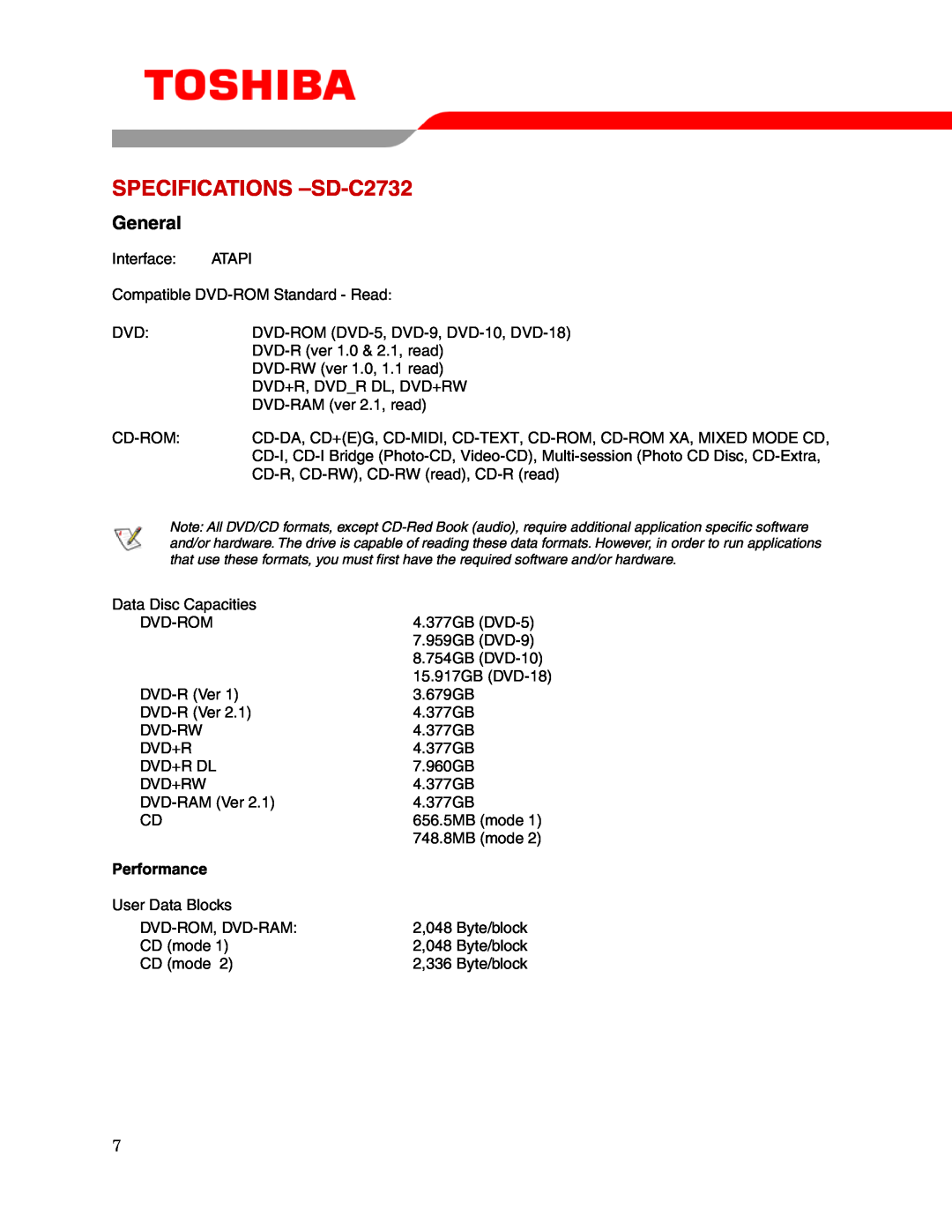 Toshiba user manual SPECIFICATIONS -SD-C2732, General, Performance 