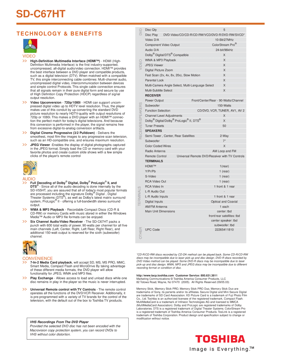 Toshiba SD-C67HT manual Video, Audio, Convenience 