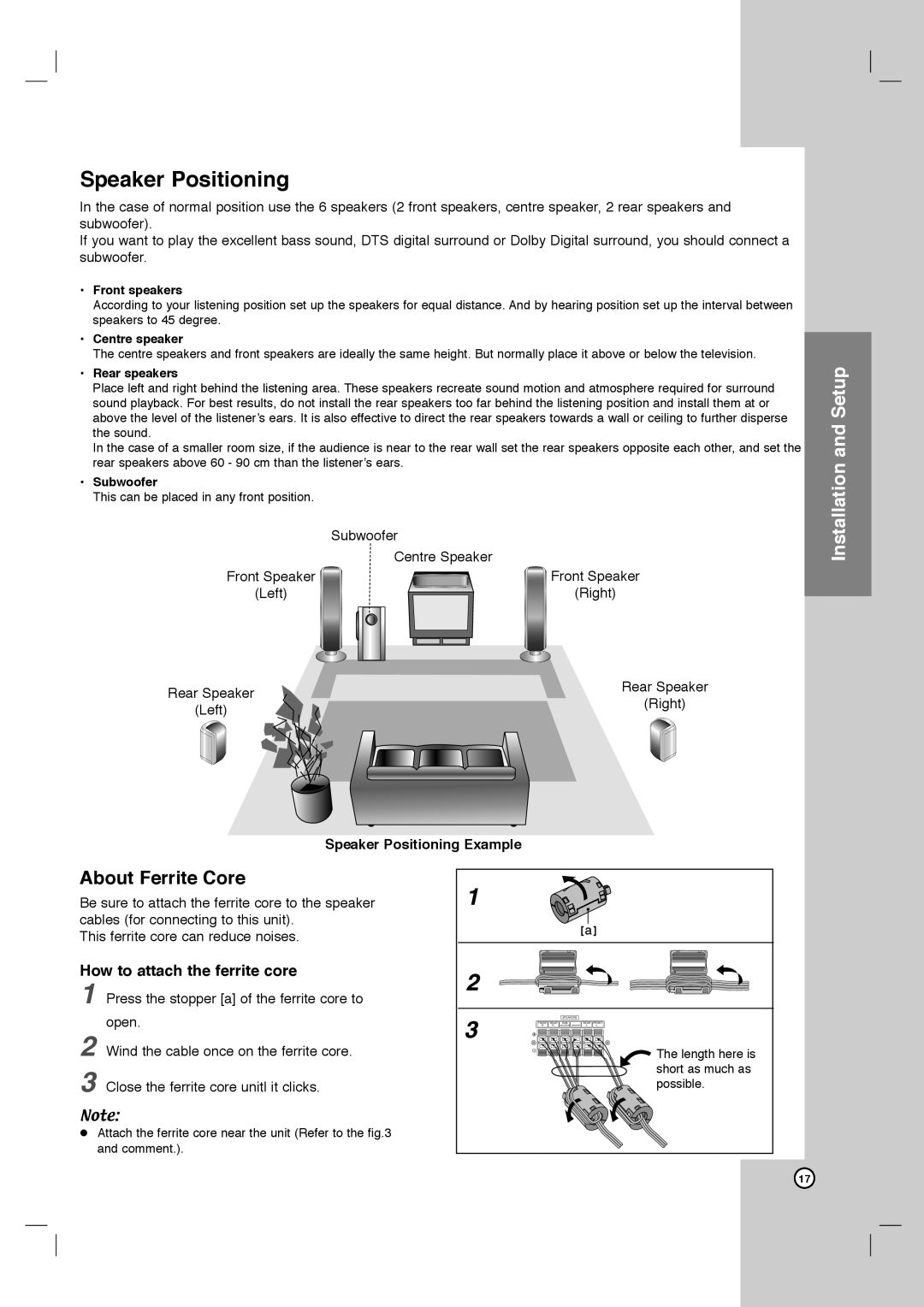 Toshiba SD-C67HTSU owner manual How to attach the ferrite core, Speaker Positioning Example 