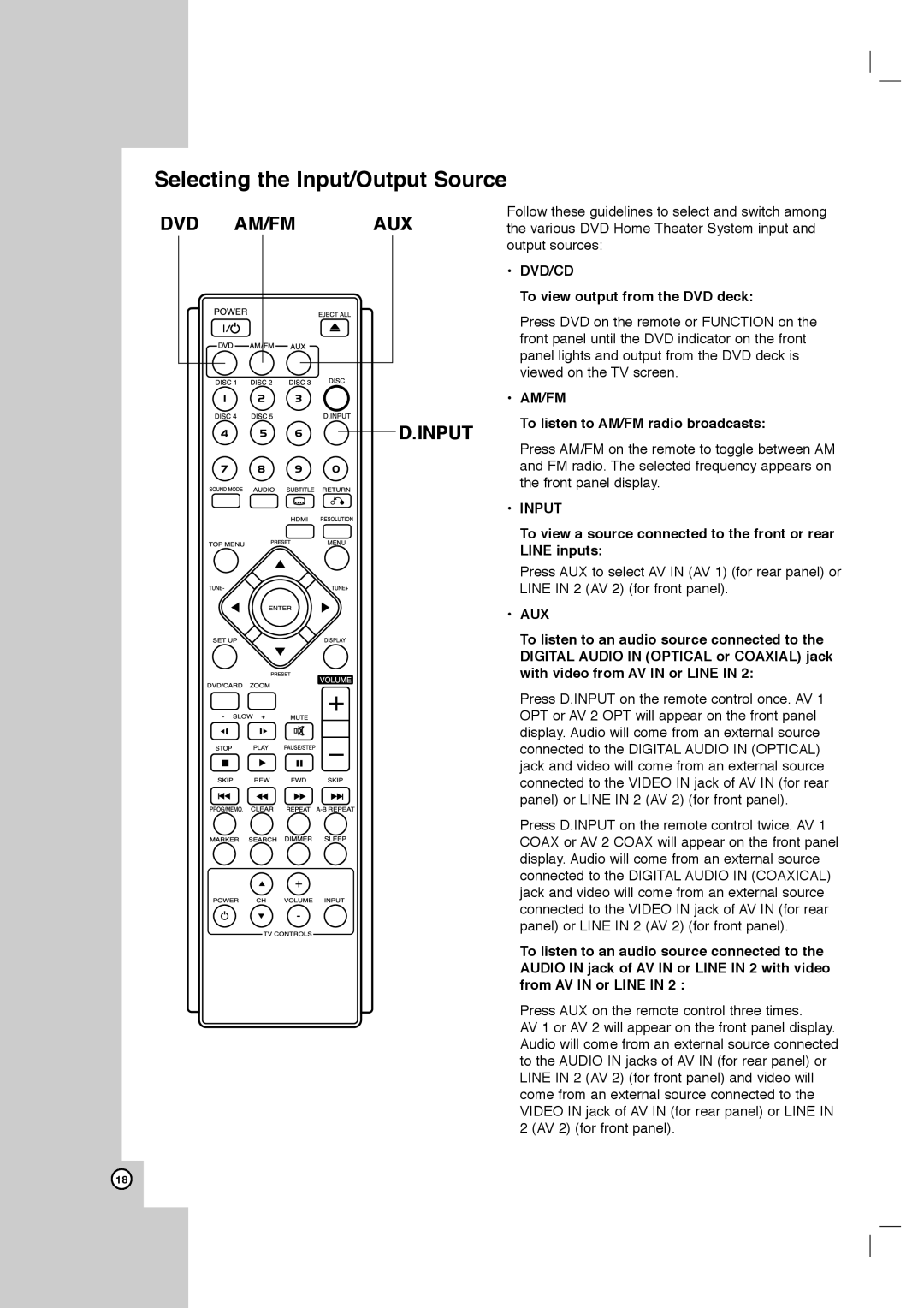 Toshiba SD-C67HTSU owner manual Selecting the Input/Output Source, Aux, Dvd/Cd, Am/Fm 