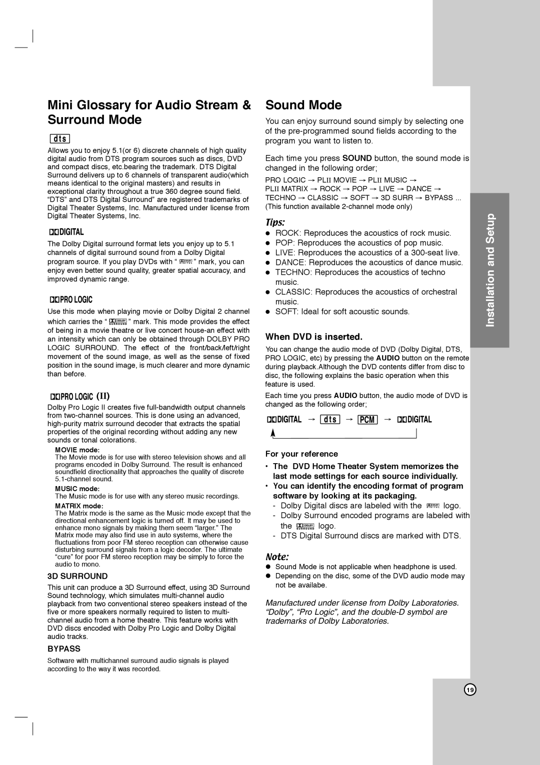 Toshiba SD-C67HTSU Mini Glossary for Audio Stream & Surround Mode, Sound Mode, When DVD is inserted, 3D Surround, Bypass 