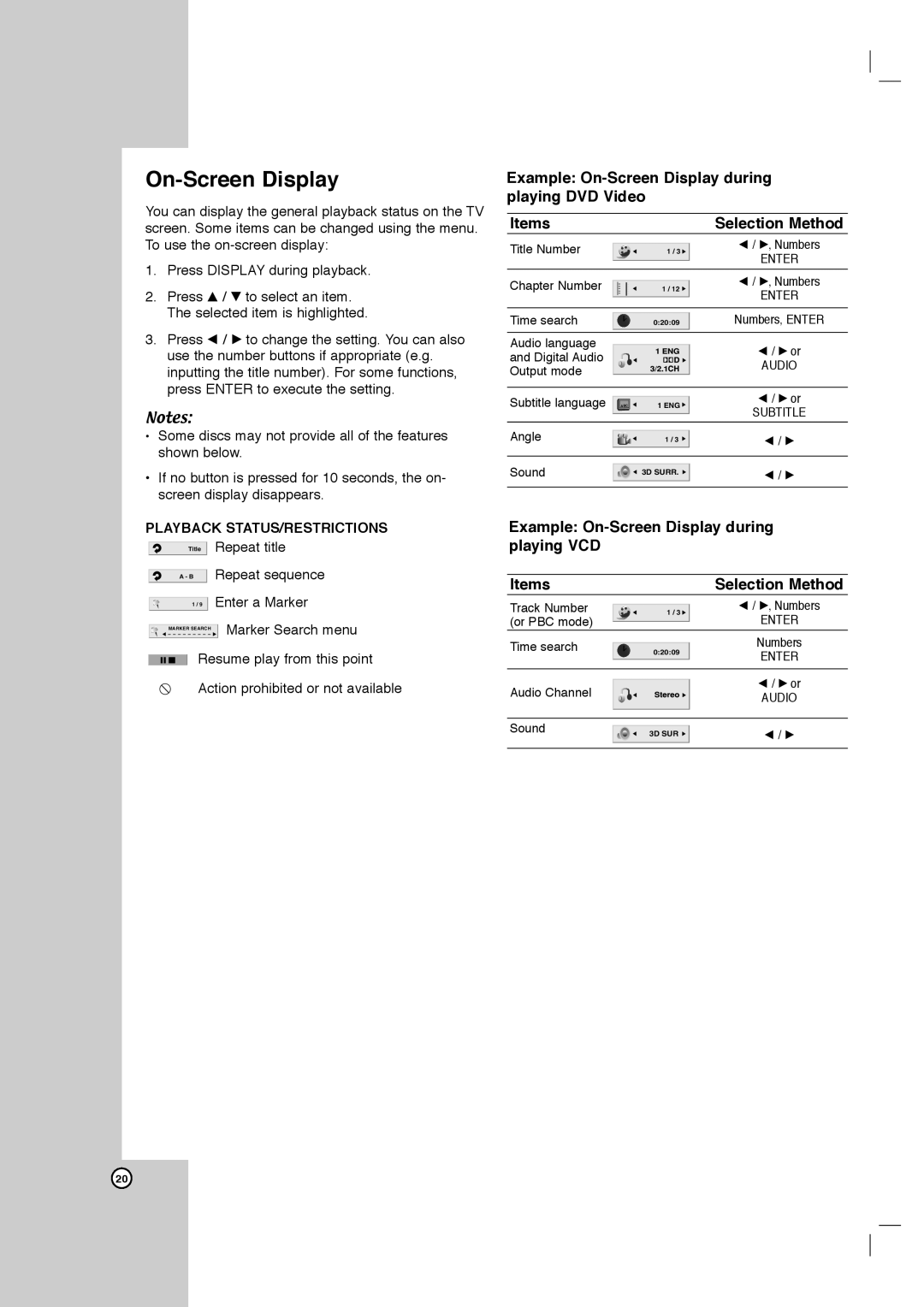 Toshiba SD-C67HTSU owner manual Example On-Screen Display during playing DVD Video Items, Playback STATUS/RESTRICTIONS 