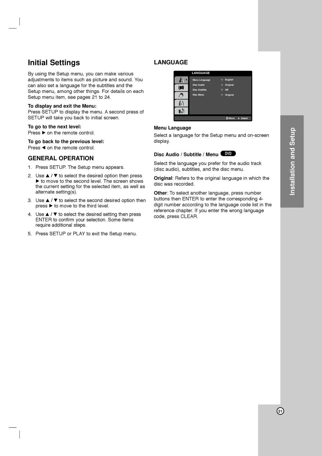 Toshiba SD-C67HTSU owner manual Initial Settings, General Operation, Language 