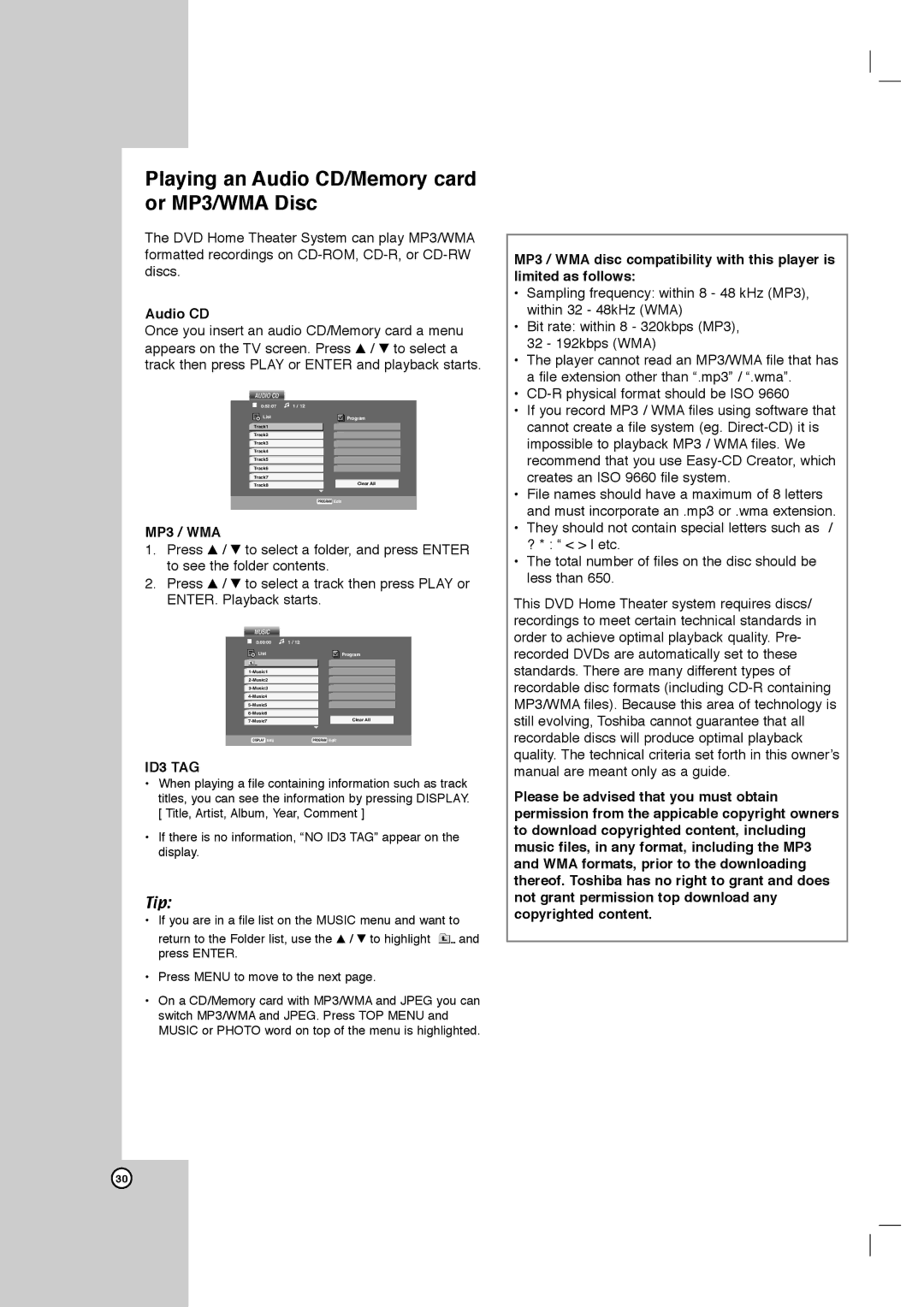 Toshiba SD-C67HTSU owner manual Audio CD, MP3 / WMA, ID3 TAG 