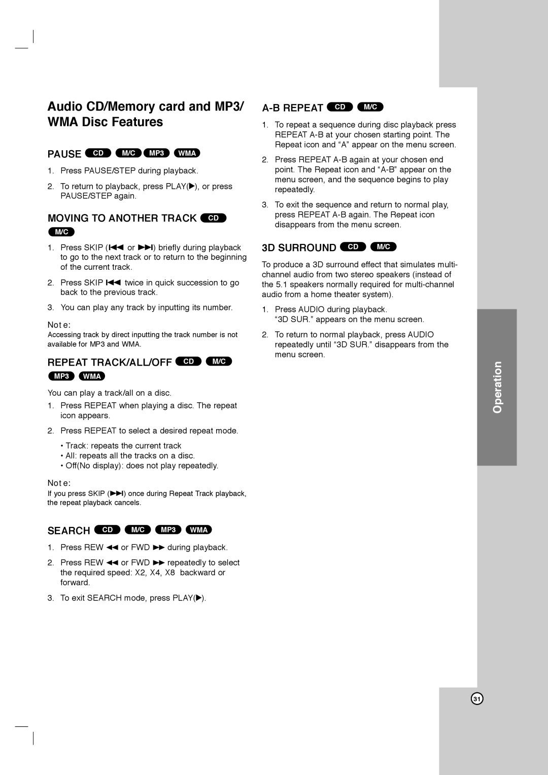 Toshiba SD-C67HTSU owner manual Audio CD/Memory card and MP3/ WMA Disc Features, Moving to Another Track CD, Repeat CD M/C 