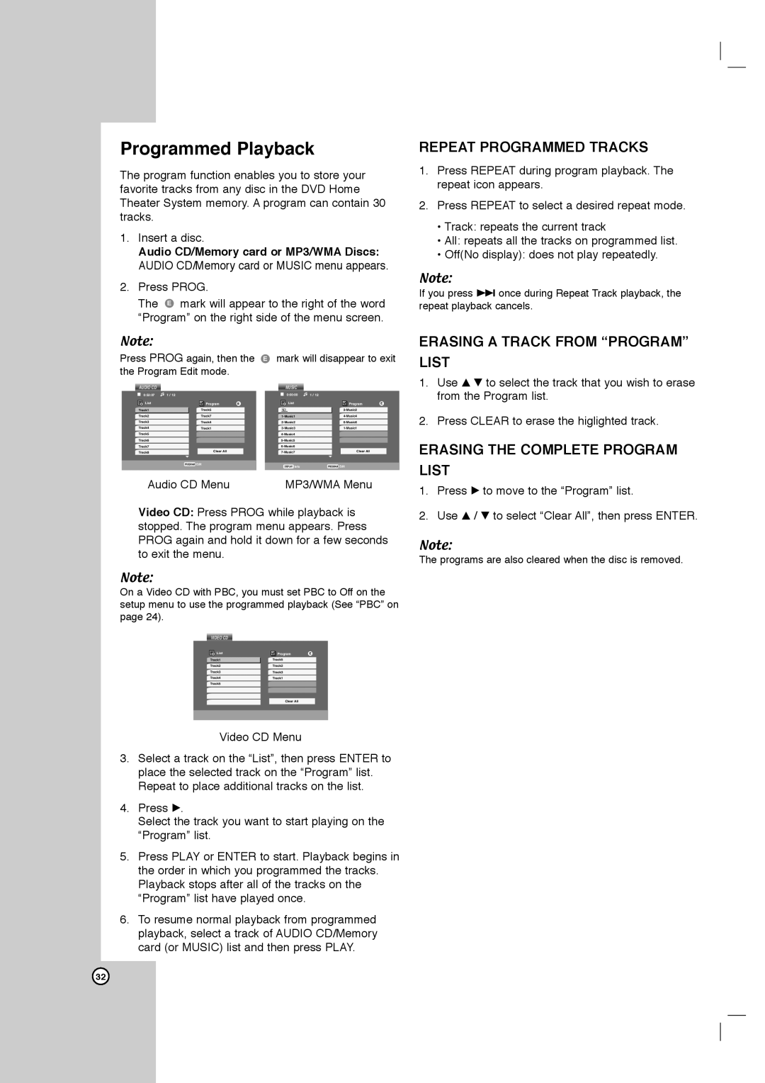 Toshiba SD-C67HTSU owner manual Programmed Playback, Repeat Programmed Tracks, Erasing a Track from Program List 