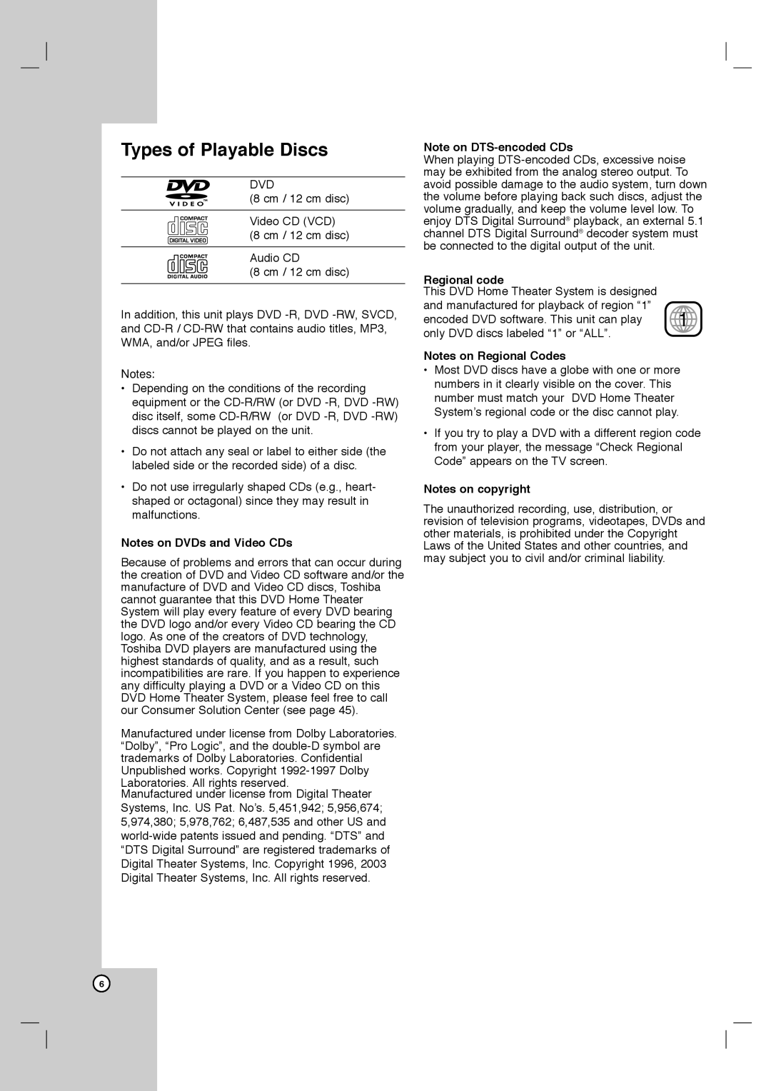 Toshiba SD-C67HTSU owner manual Types of Playable Discs, Regional code 