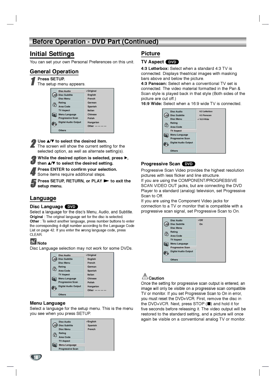 Toshiba SD-K530SU owner manual Before Operation DVD Part Initial Settings, General Operation, Picture, Language 