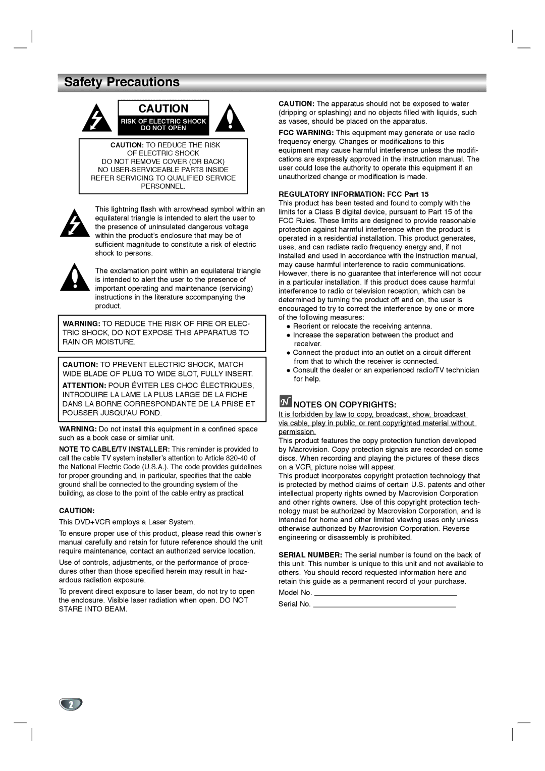 Toshiba SD-K530SU owner manual Safety Precautions, Regulatory Information FCC Part 