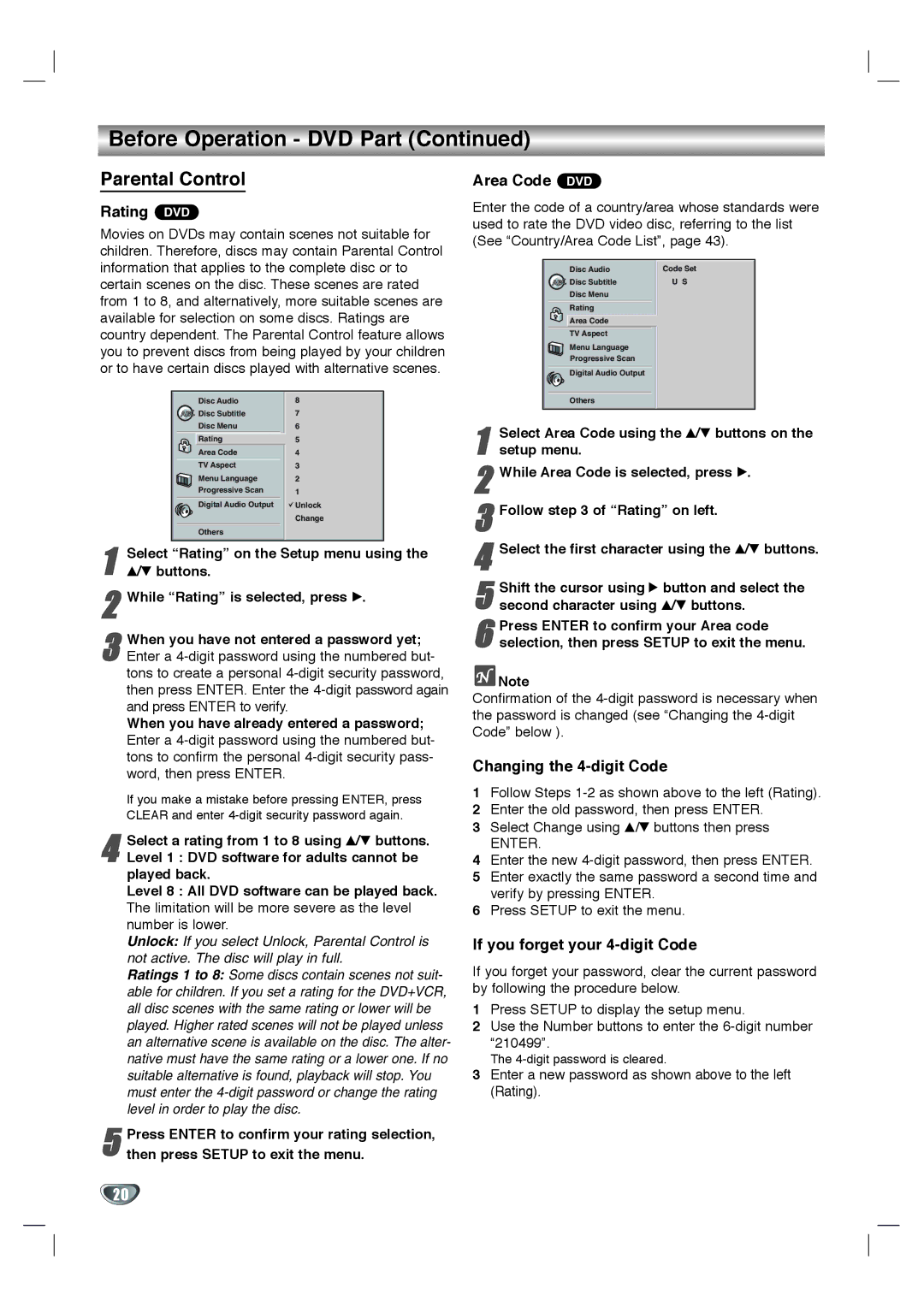 Toshiba SD-K530SU Parental Control, Rating DVD, Area Code DVD, Changing the 4-digit Code, If you forget your 4-digit Code 