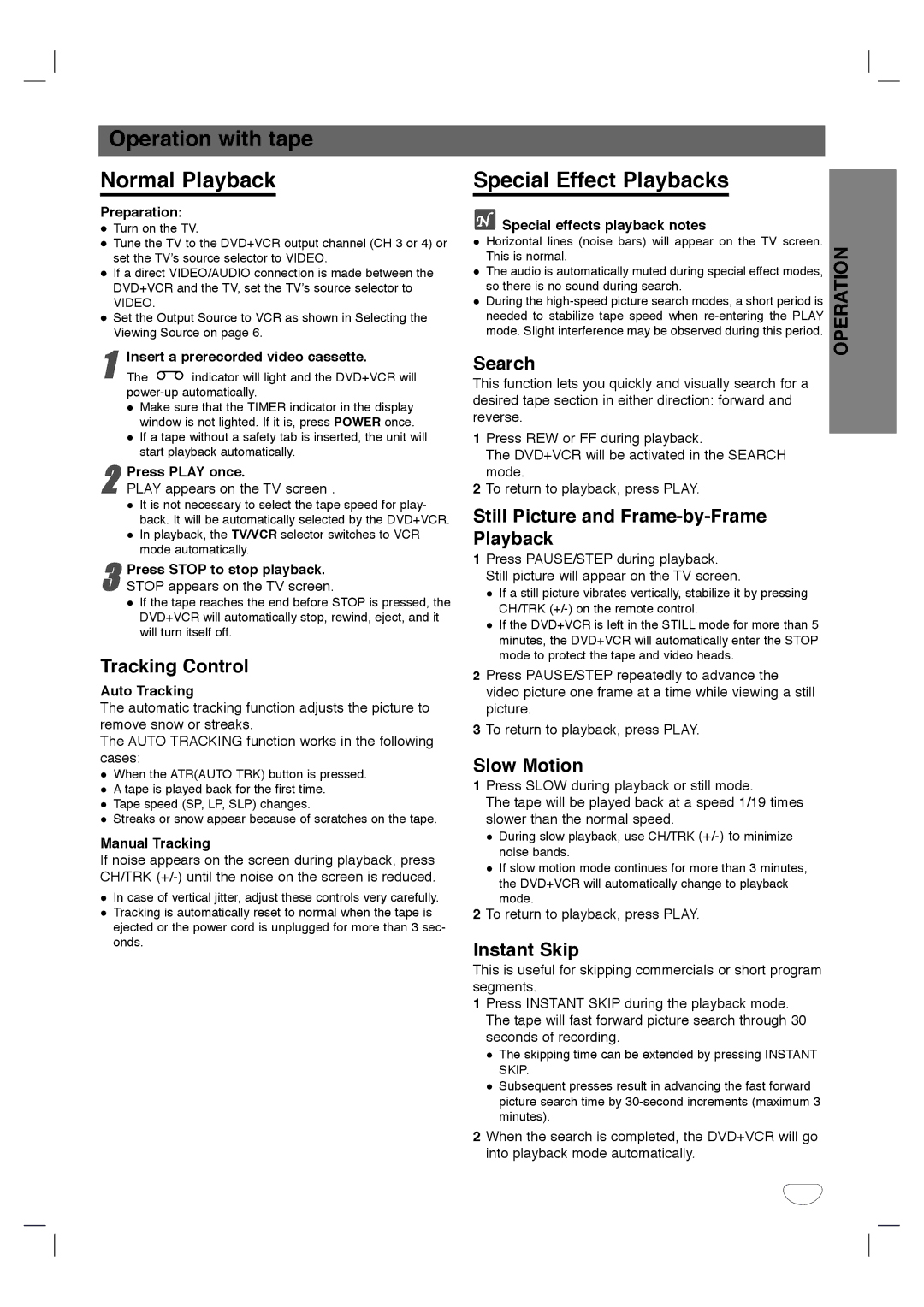 Toshiba SD-K530SU owner manual Operation with tape Normal Playback, Special Effect Playbacks 