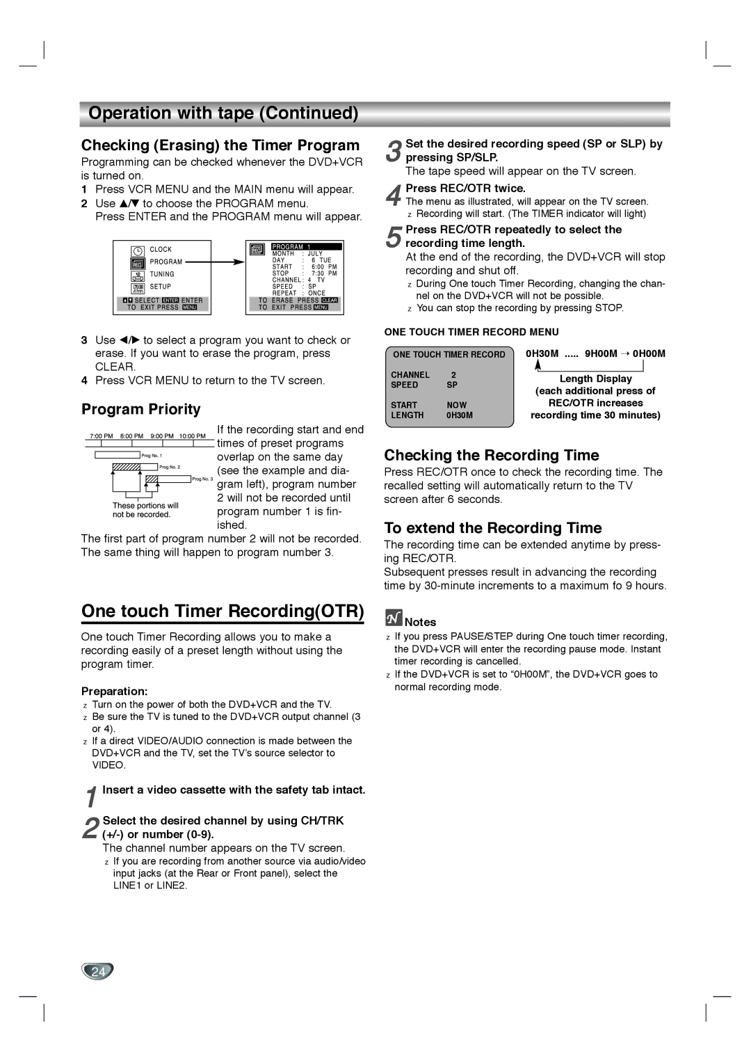 Toshiba SD-K530SU owner manual Operation with tape, One touch Timer RecordingOTR 