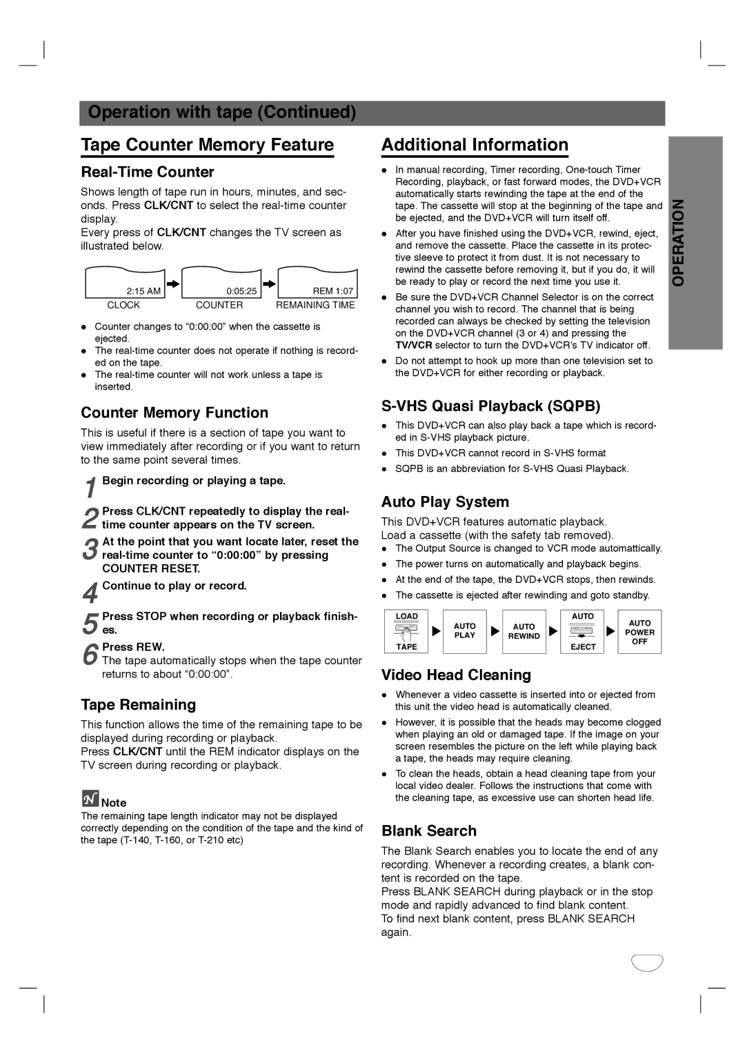 Toshiba SD-K530SU owner manual Operation with tape Tape Counter Memory Feature, Additional Information 