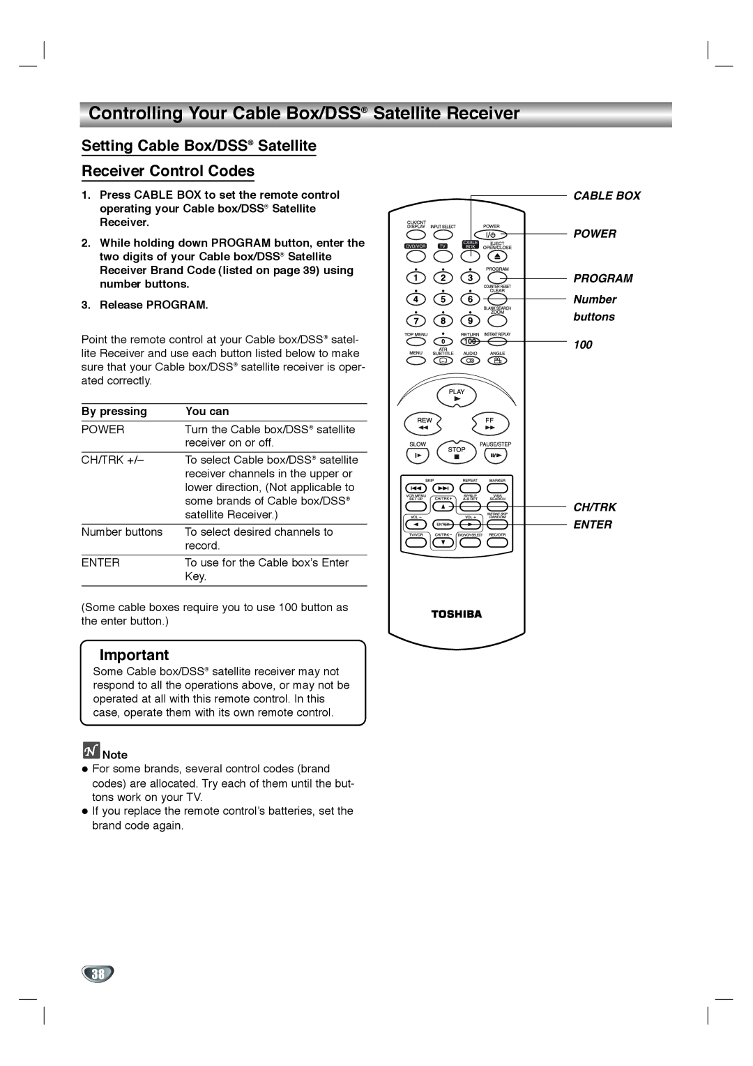 Toshiba SD-K530SU owner manual Controlling Your Cable Box/DSS Satellite Receiver, By pressing You can 