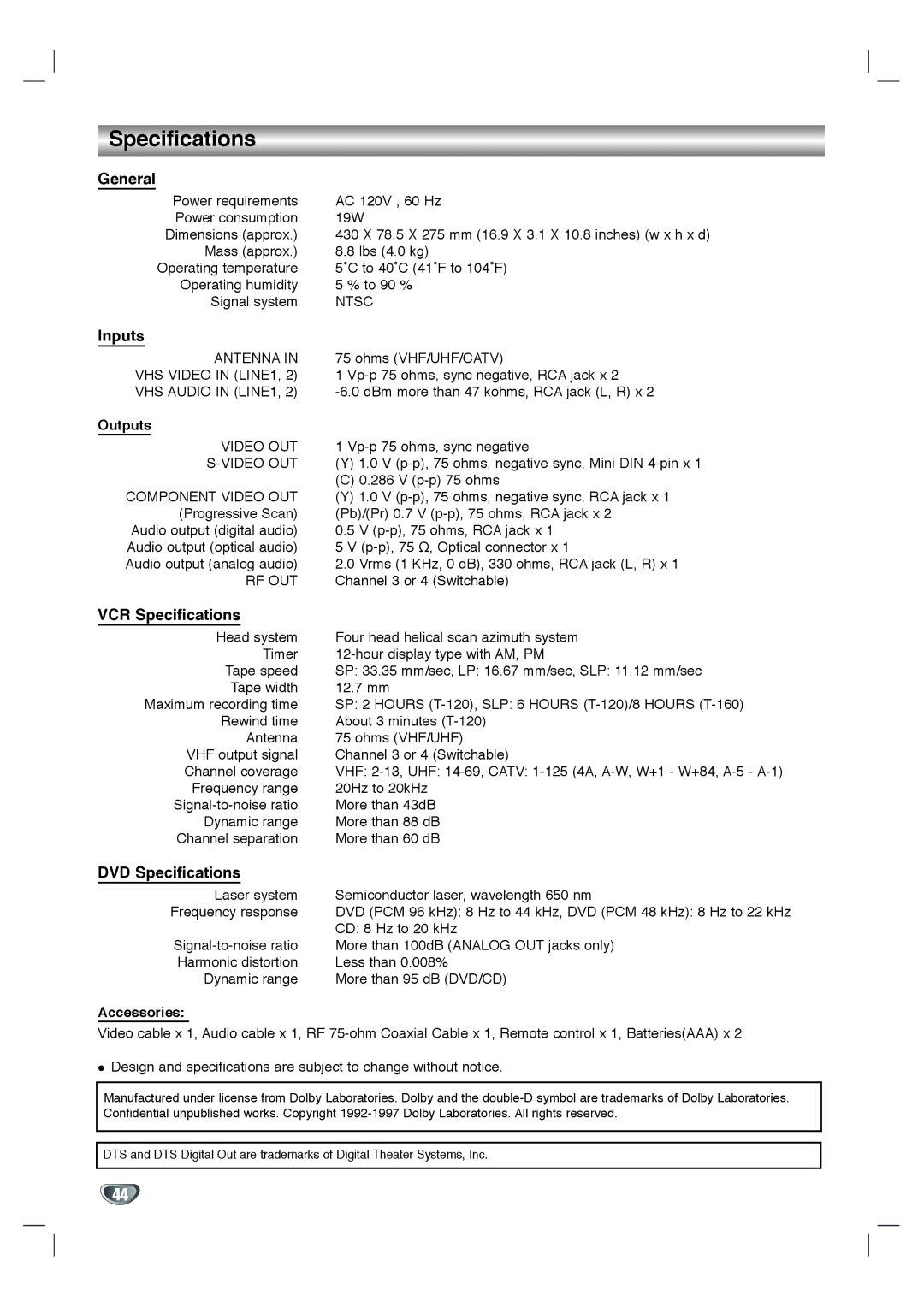 Toshiba SD-K530SU owner manual General, Inputs, VCR Specifications, DVD Specifications 