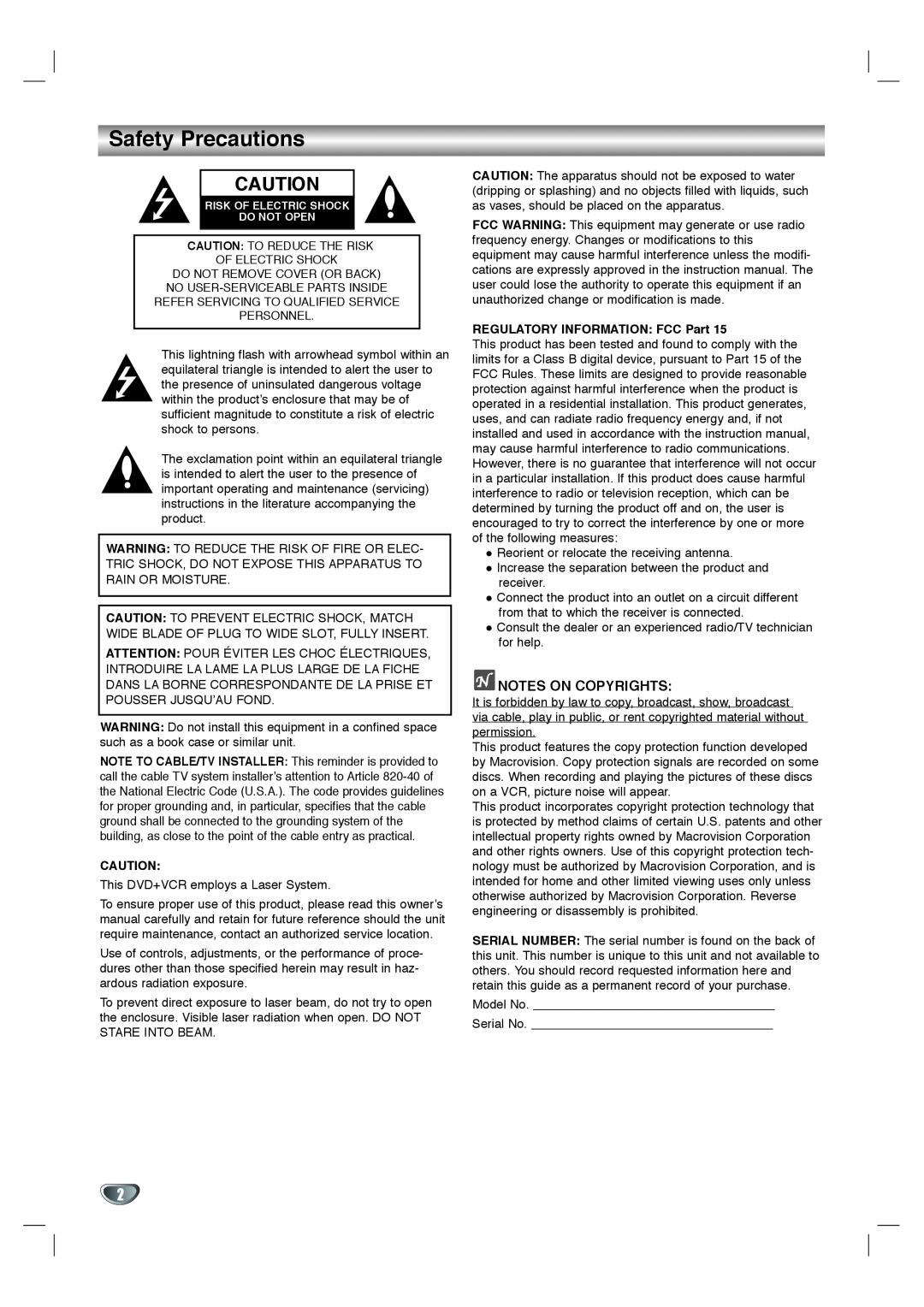 Toshiba SD-K530SU owner manual Safety Precautions, Notes On Copyrights, REGULATORY INFORMATION FCC Part 