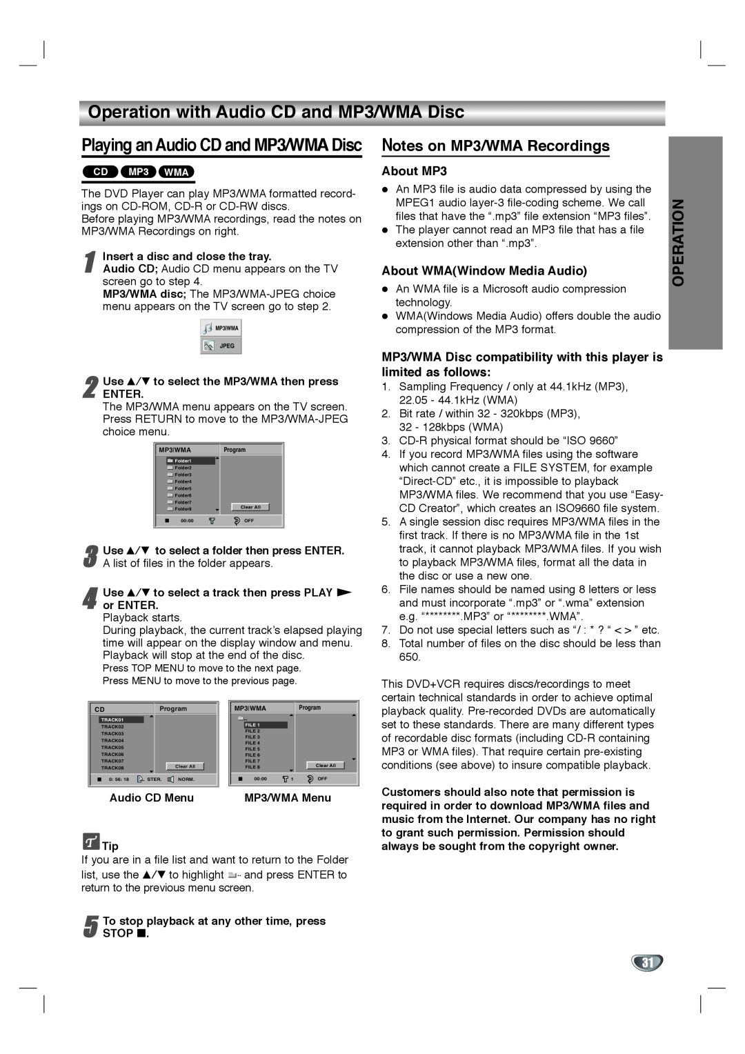 Toshiba SD-K530SU owner manual Operation with Audio CD and MP3/WMA Disc, Playing an Audio CD and MP3/WMA Disc, About MP3 