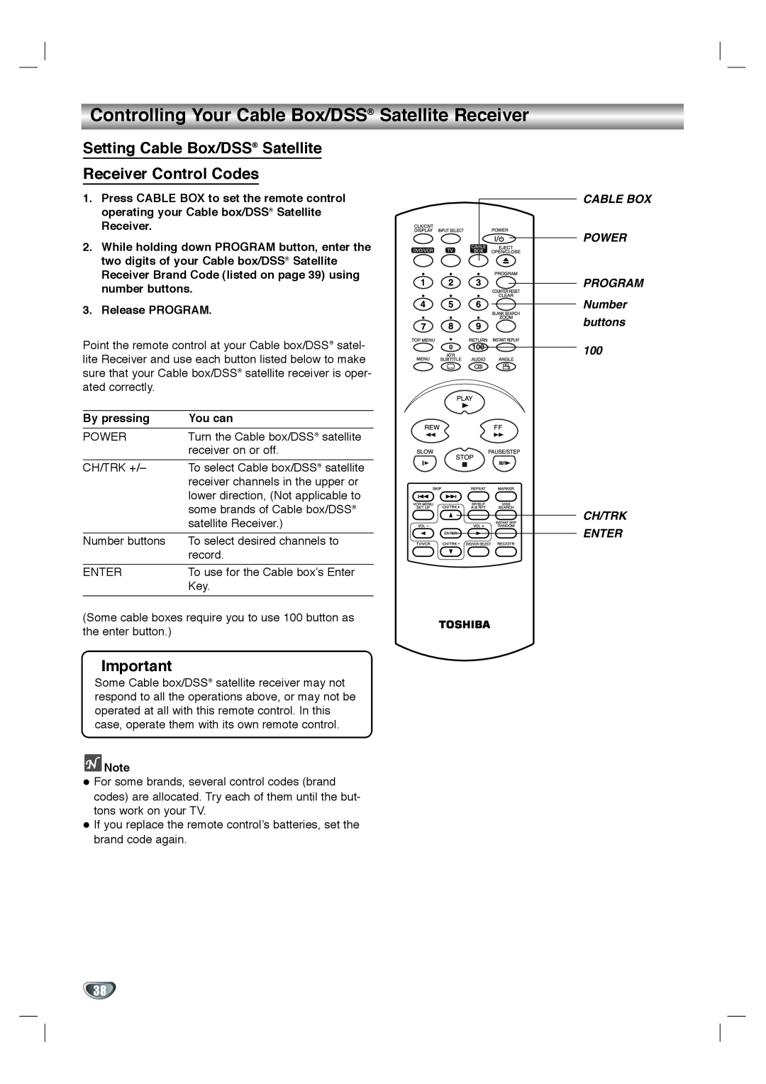 Toshiba SD-K530SU owner manual Controlling Your Cable Box/DSS Satellite Receiver, Setting Cable Box/DSS Satellite, Enter 