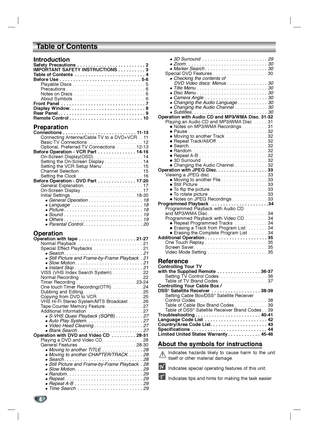 Toshiba SD-K530SU Table of Contents, Introduction, Preparation, Operation, Reference, About the symbols for instructions 