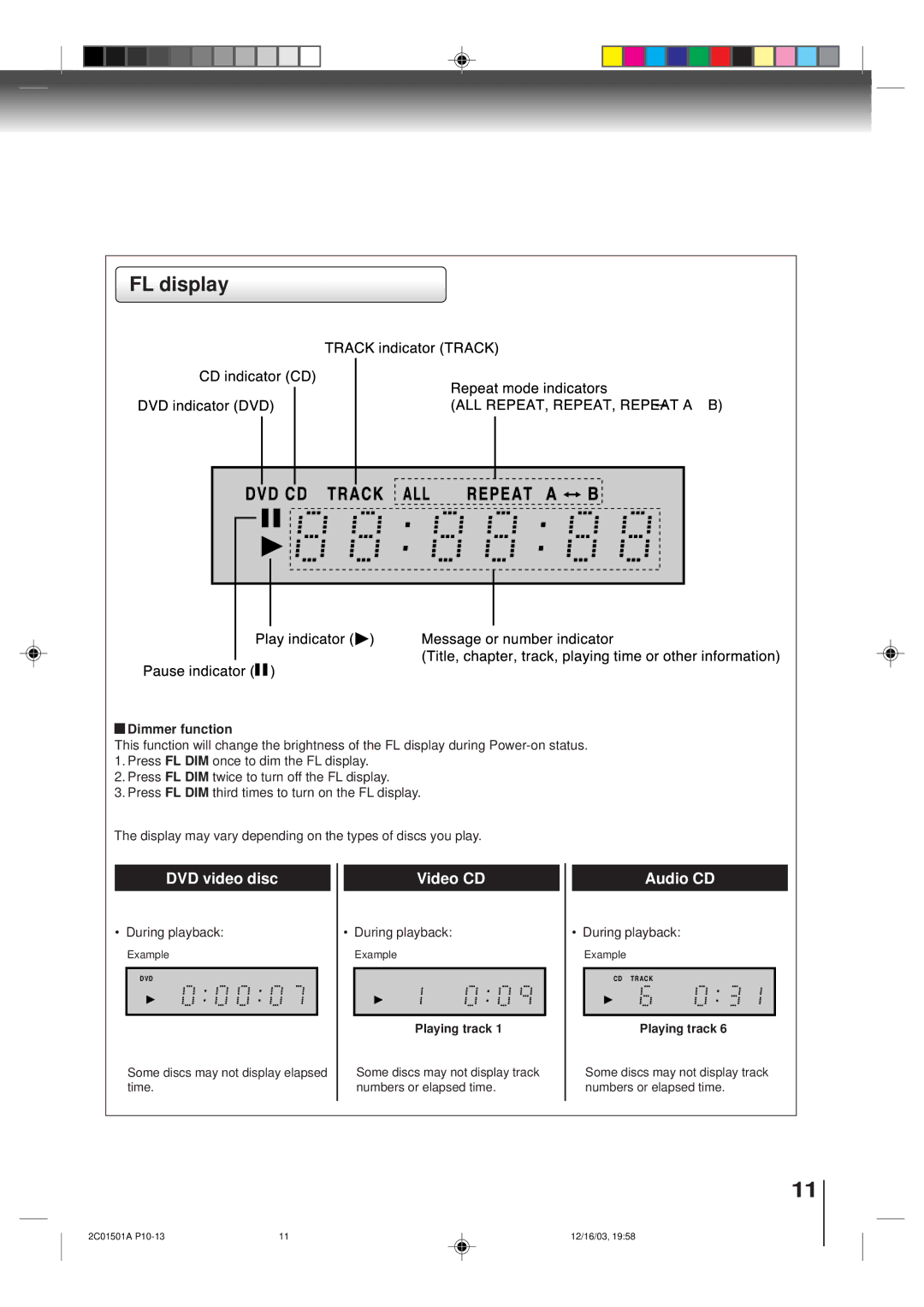 Toshiba SD-K740SU owner manual FL display, Dimmer function, Playing track 