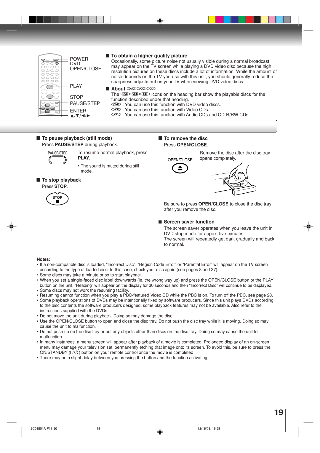 Toshiba SD-K740SU To obtain a higher quality picture, To pause playback still mode To remove the disc, To stop playback 