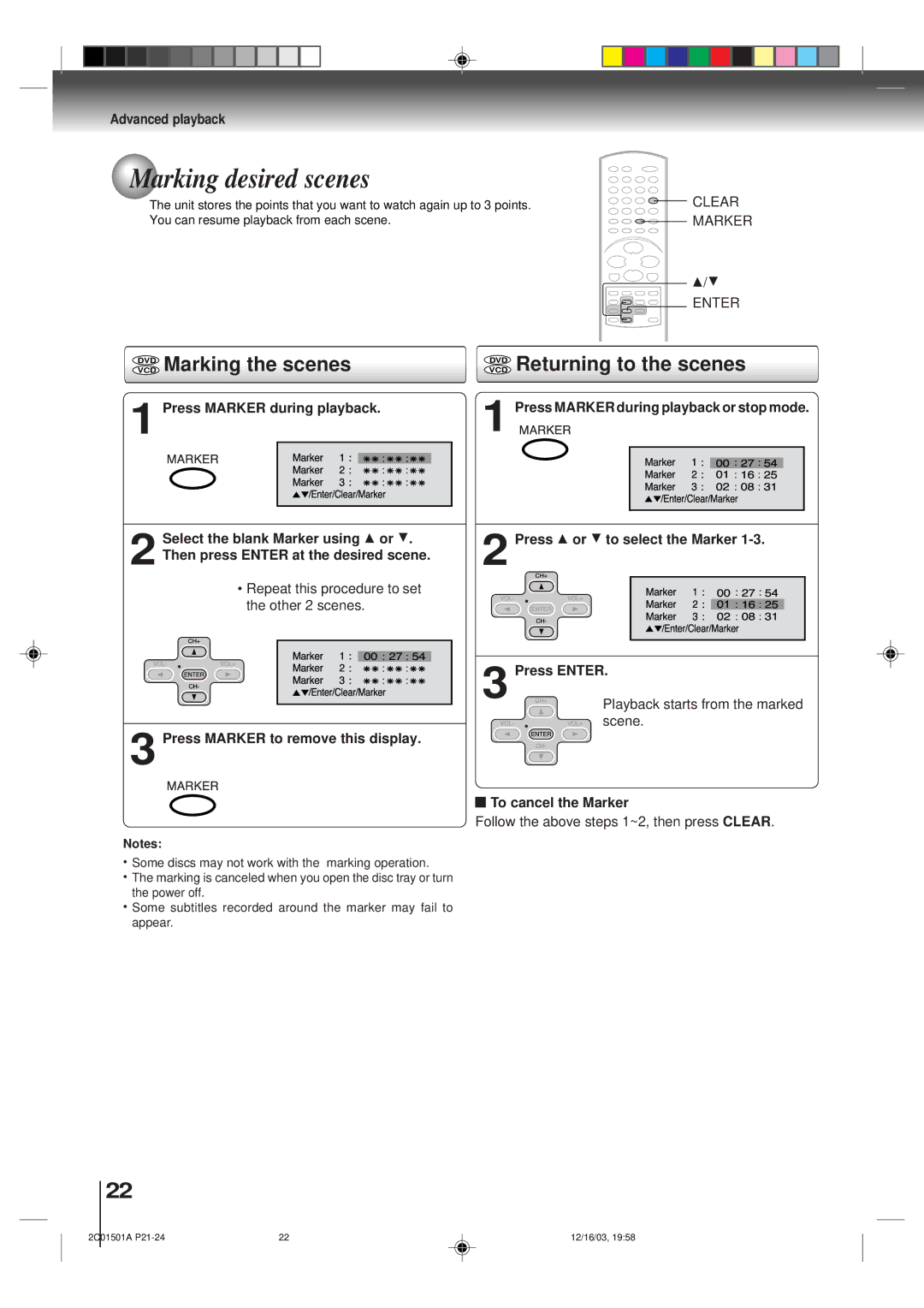 Toshiba SD-K740SU owner manual Marking desired scenes, Vcddvd Marking the scenes, Vcddvd Returning to the scenes 