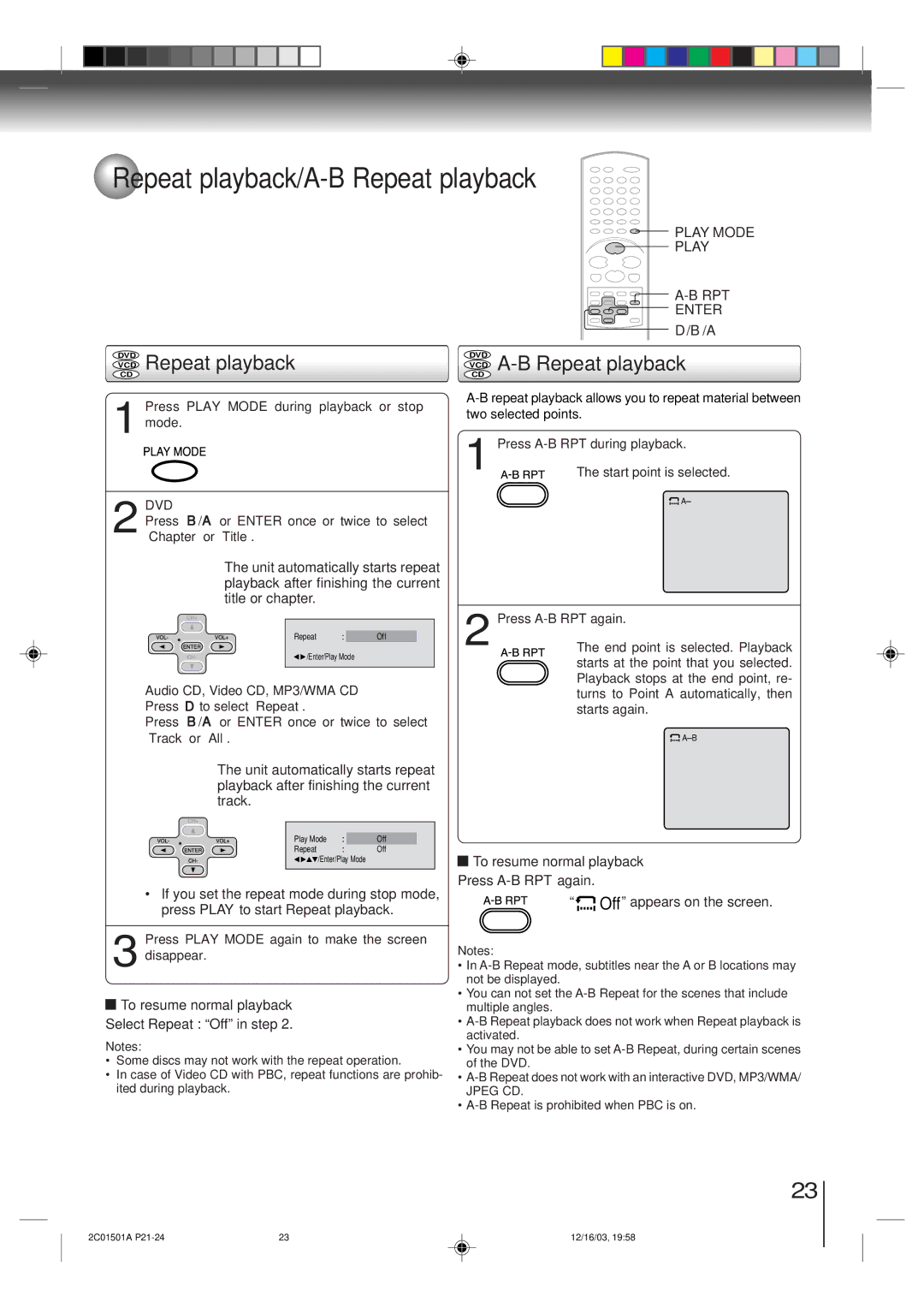 Toshiba SD-K740SU owner manual Repeat playback/A-B Repeat playback, VCD Repeat playback, VCD A-B Repeat playback 