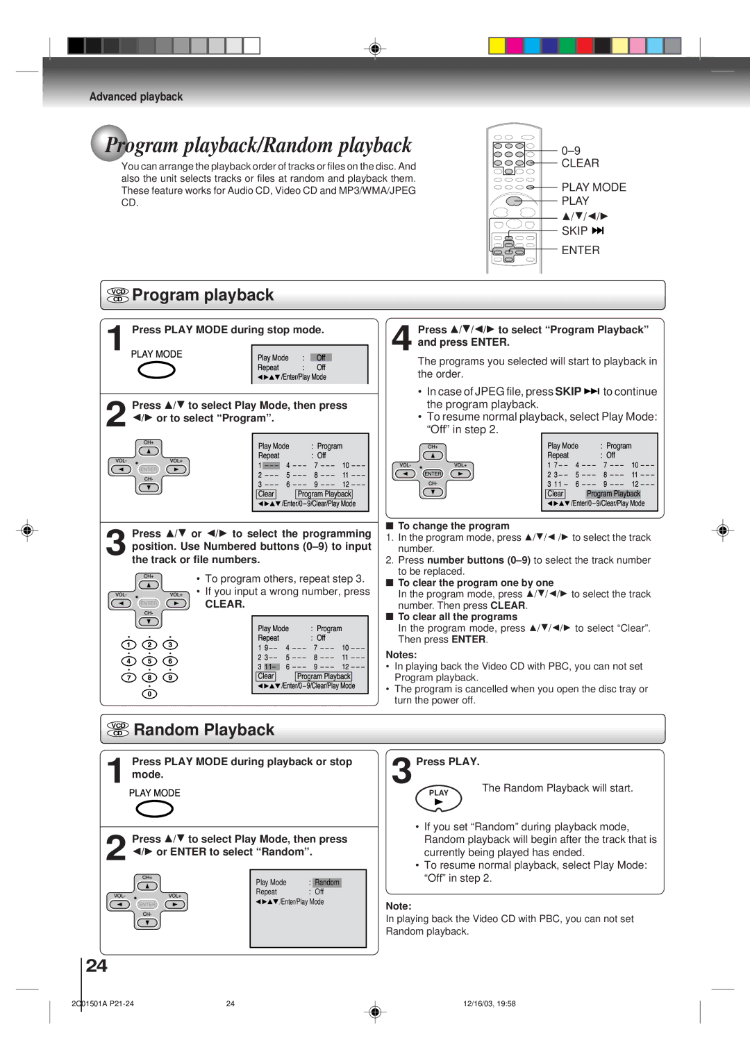 Toshiba SD-K740SU owner manual Program playback/Random playback, Vcdcd Program playback, VCD Random Playback 