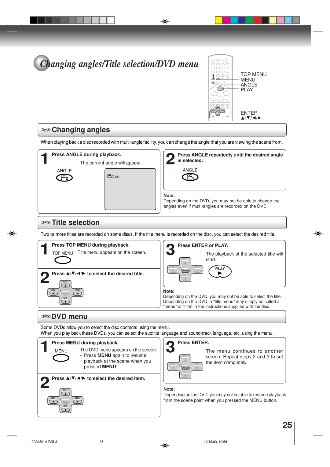 Toshiba SD-K740SU Changing angles/Title selection/DVD menu, DVD Changing angles, DVD Title selection, DVD DVD menu 