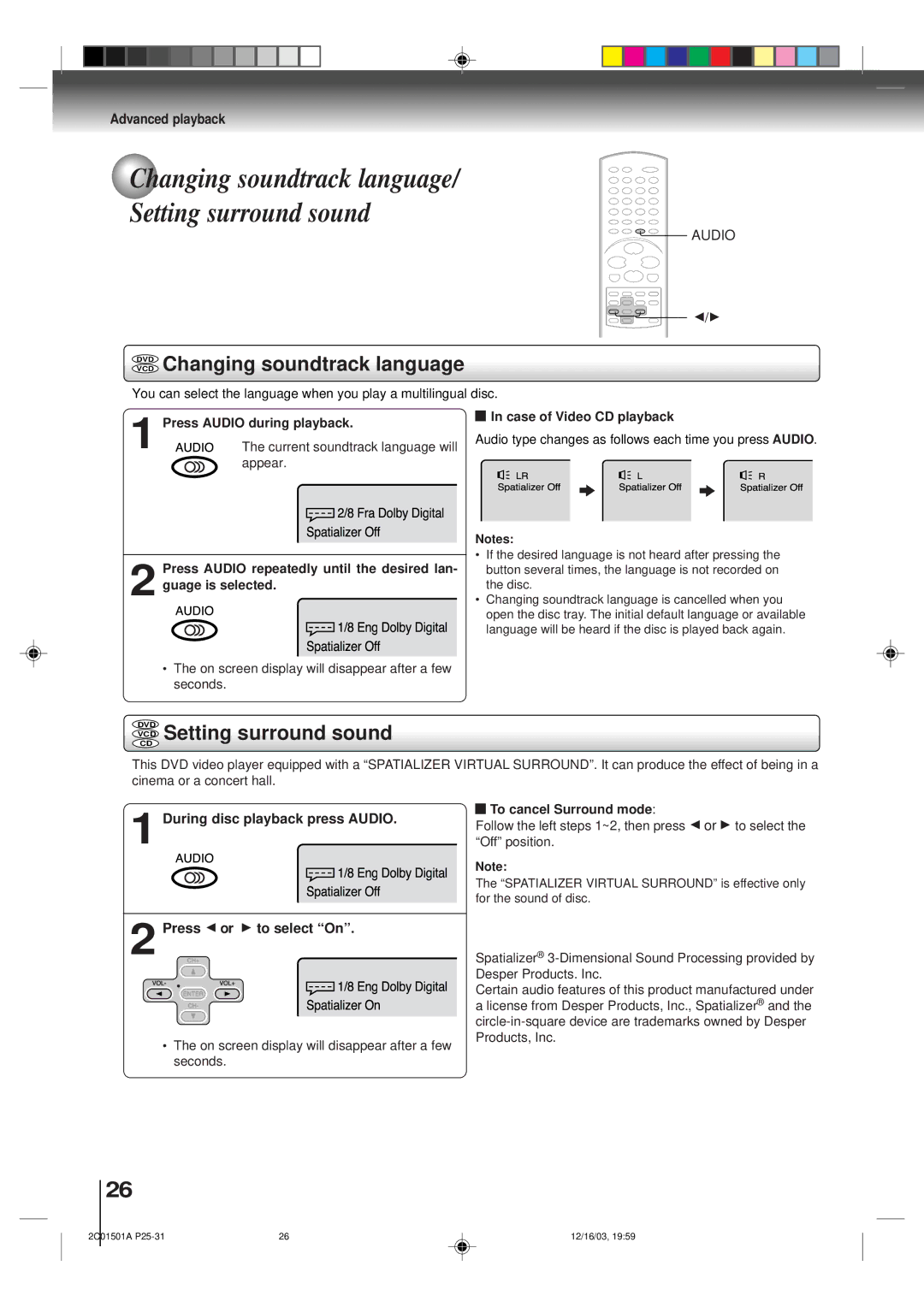 Toshiba SD-K740SU owner manual Changing soundtrack language Setting surround sound, DVD Changing soundtrack language 