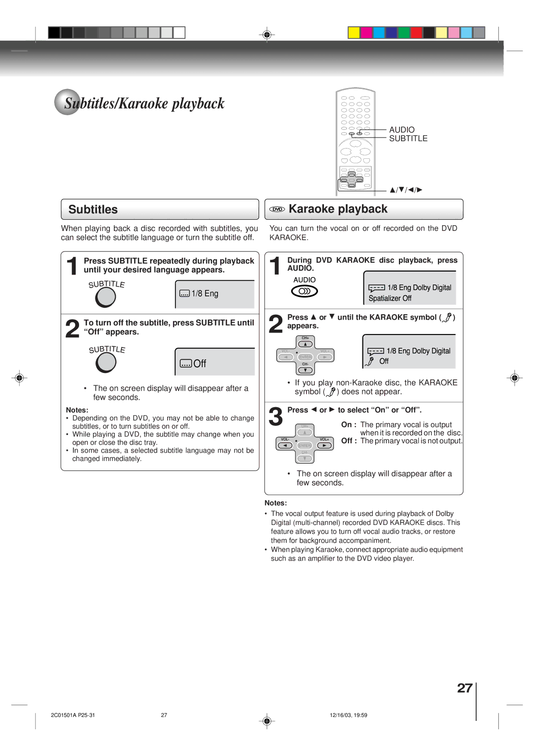 Toshiba SD-K740SU owner manual Subtitles/Karaoke playback, Subtitles DVD Karaoke playback, Audio 