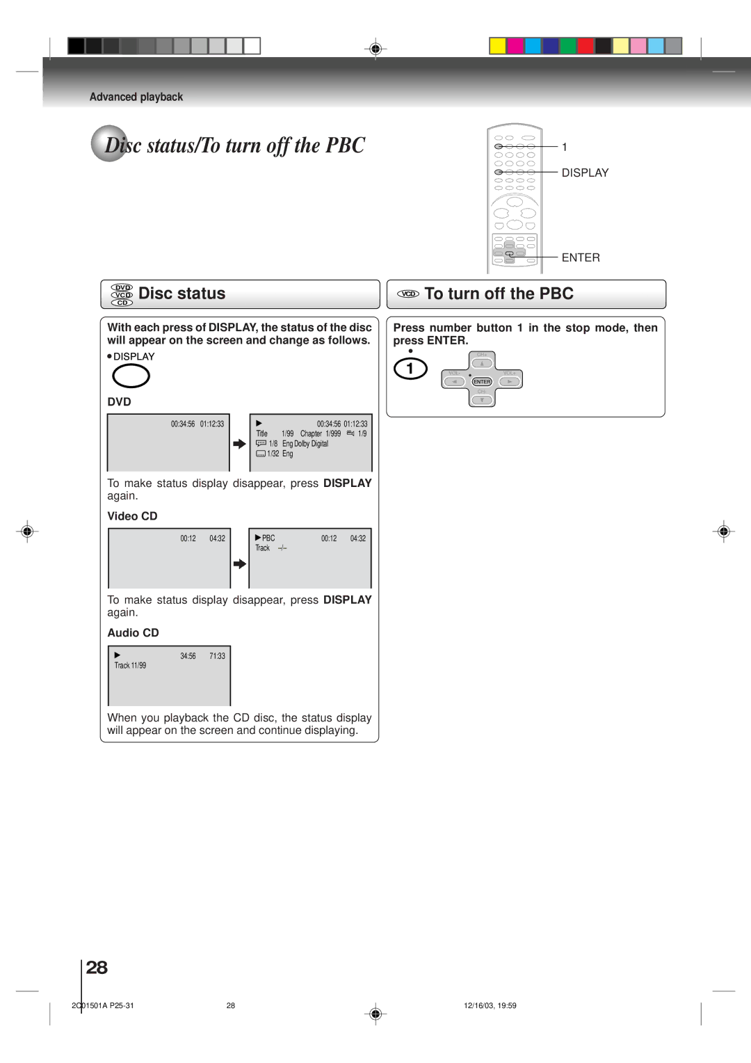 Toshiba SD-K740SU owner manual Disc status/To turn off the PBC, Disc status VCD To turn off the PBC, Video CD, Audio CD 