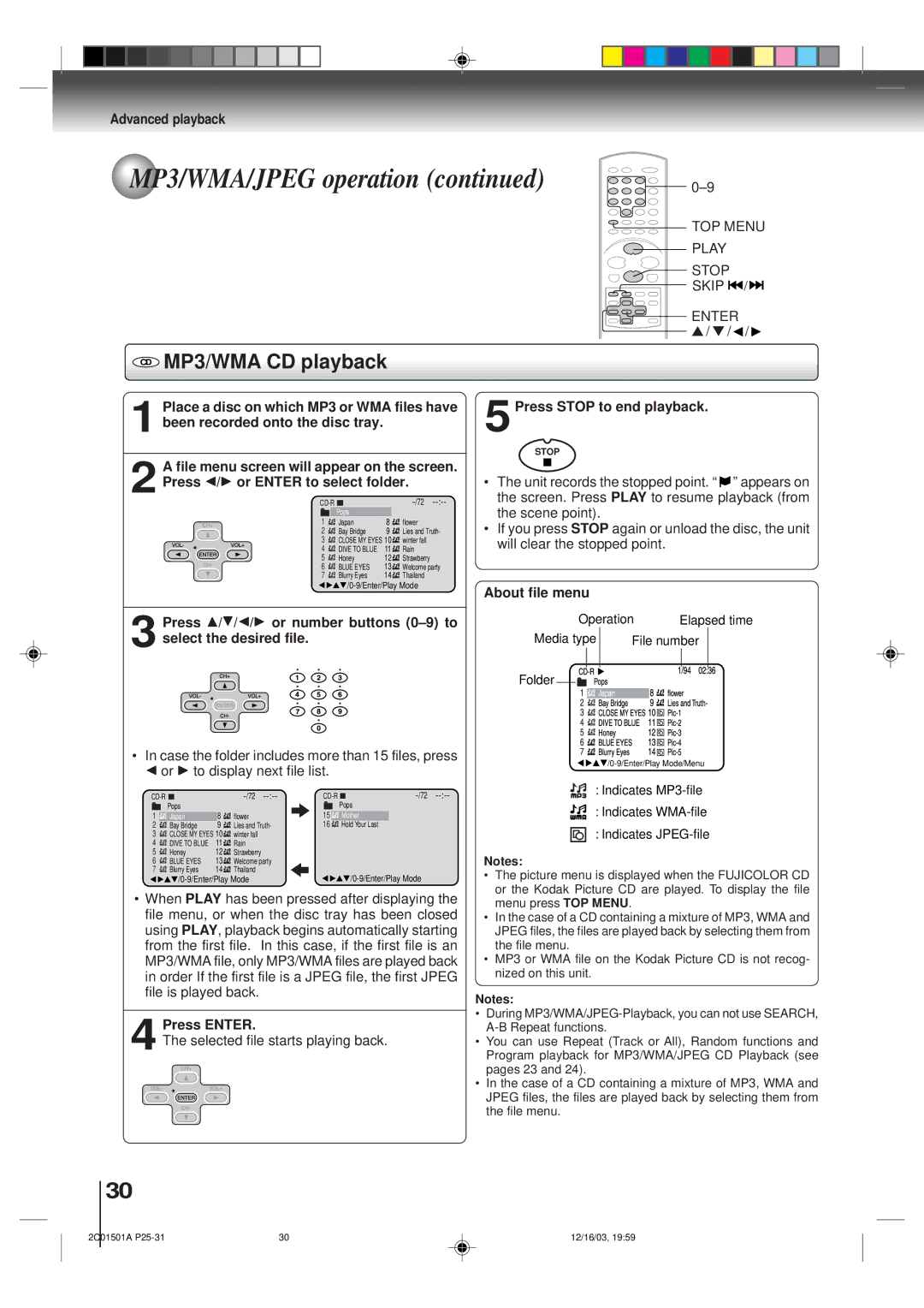 Toshiba SD-K740SU owner manual CD MP3/WMA CD playback, About file menu 