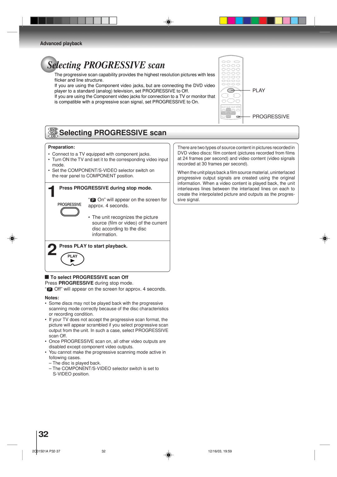 Toshiba SD-K740SU owner manual Vcdcd Selecting Progressive scan 