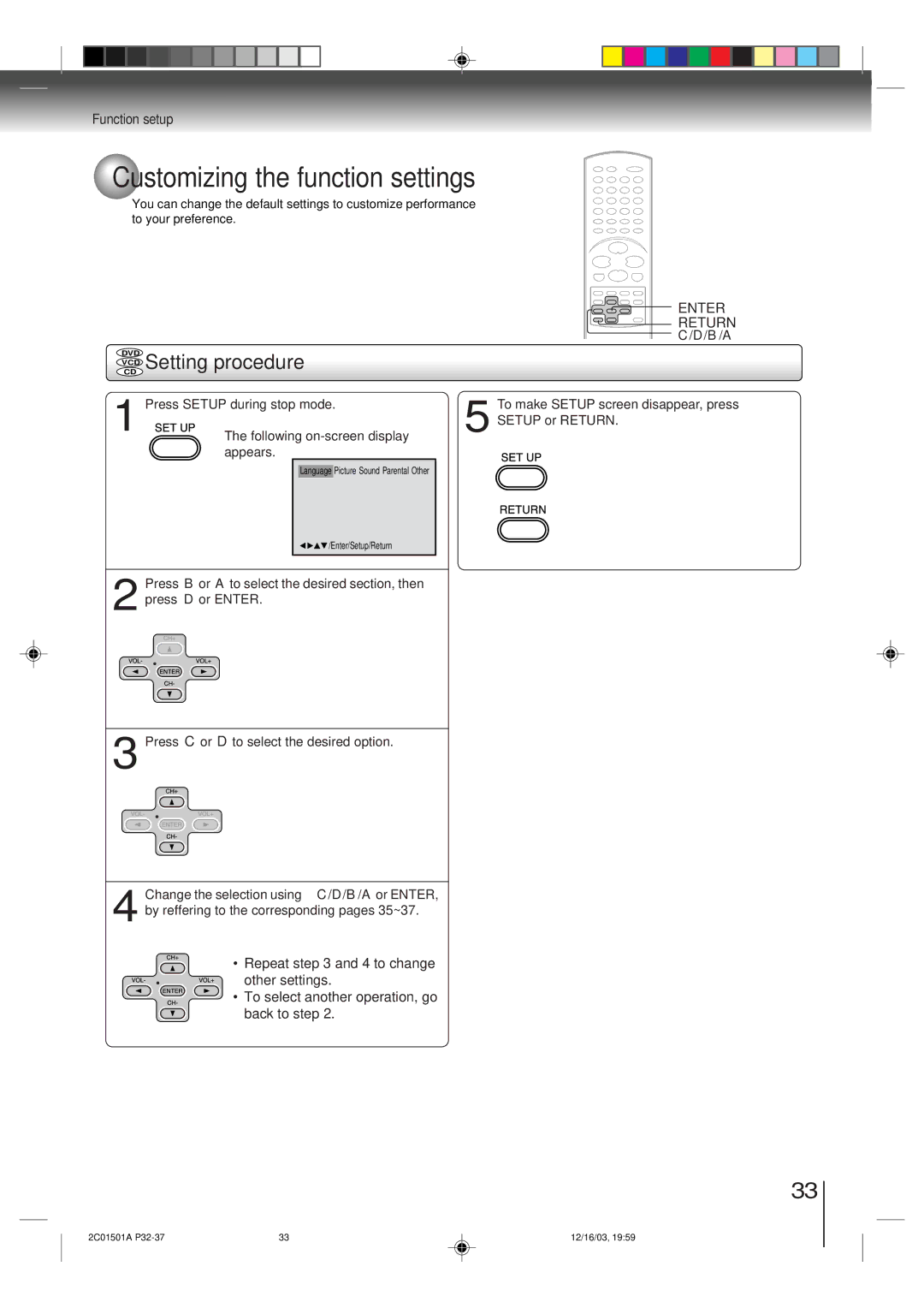 Toshiba SD-K740SU Customizing the function settings, VCD Setting procedure, Function setup, Press Setup during stop mode 