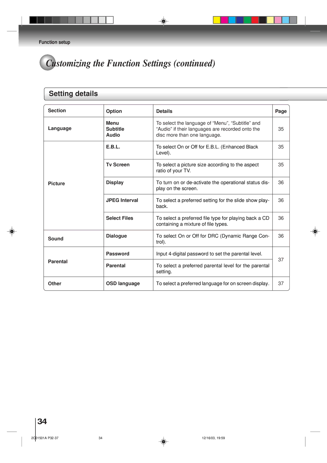 Toshiba SD-K740SU owner manual Setting details 