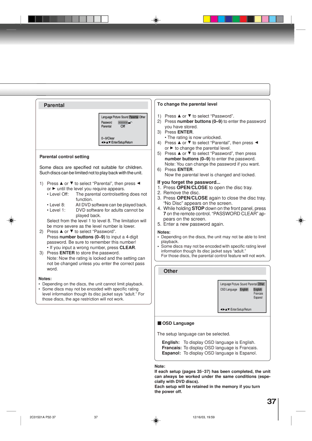 Toshiba SD-K740SU owner manual Parental, Other, If you forget the password 