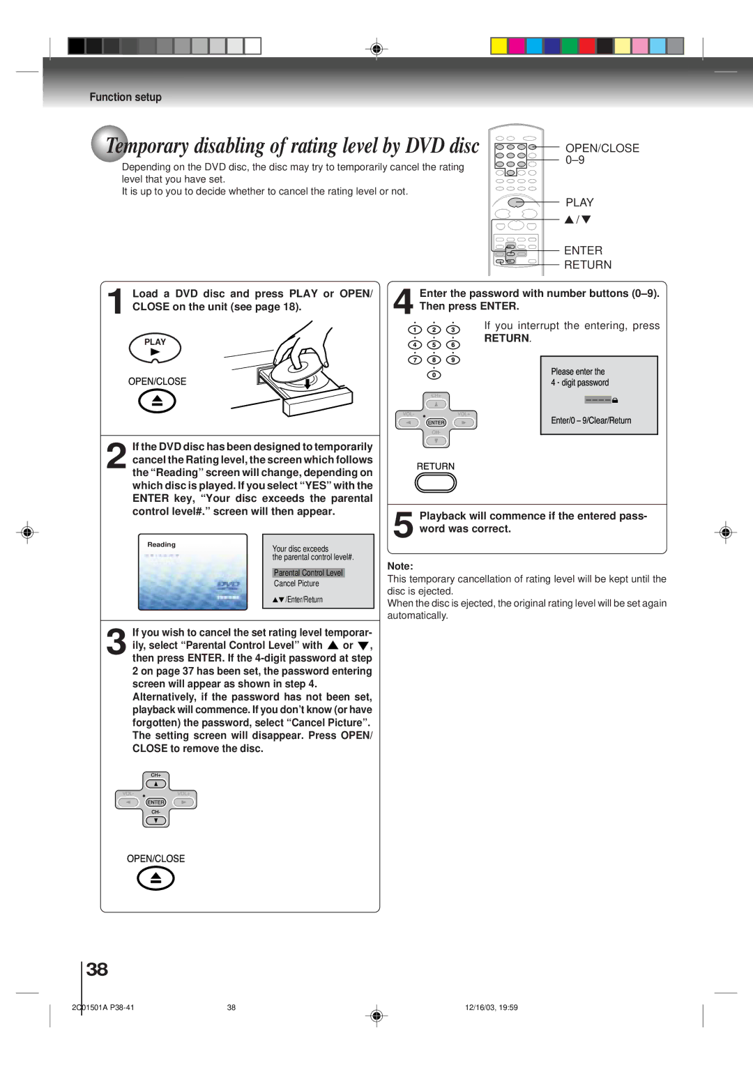 Toshiba SD-K740SU owner manual Return, If you wish to cancel the set rating level temporar 