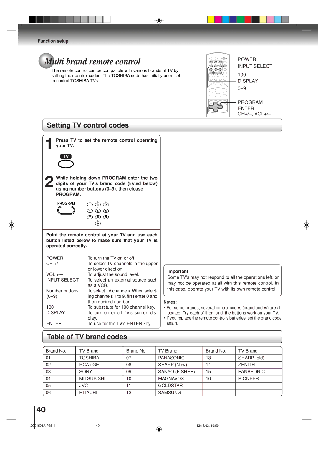 Toshiba SD-K740SU owner manual Multi brand remote control, Setting TV control codes, Table of TV brand codes, Program 