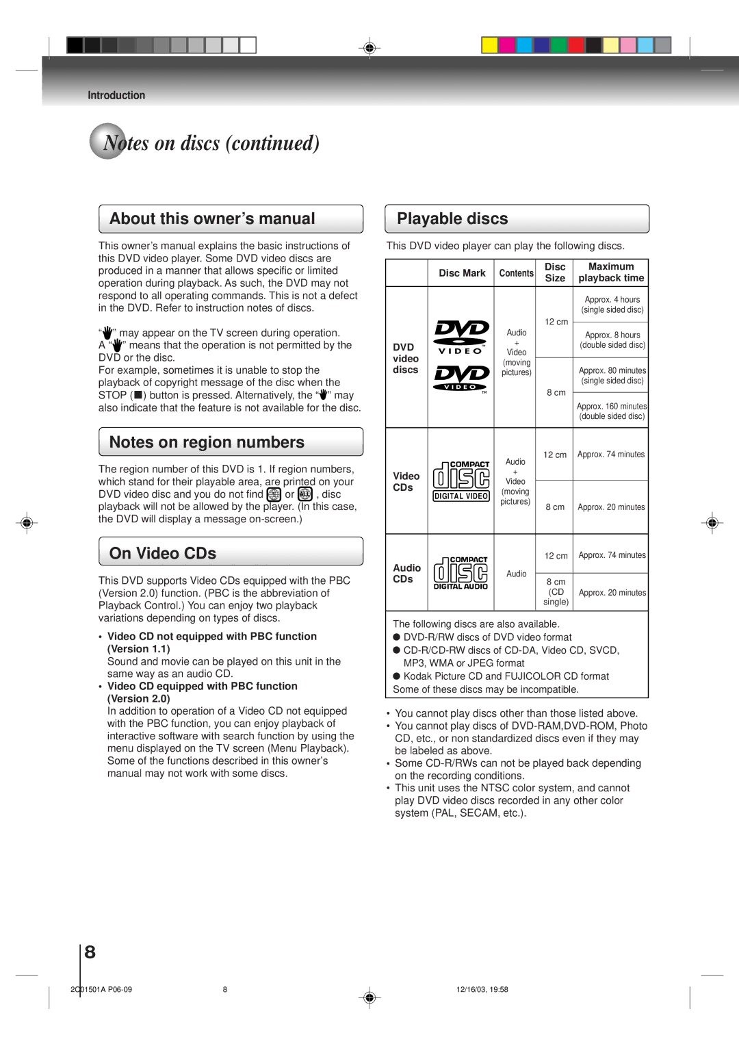 Toshiba SD-K740SU owner manual On Video CDs, Playable discs, Dvd 