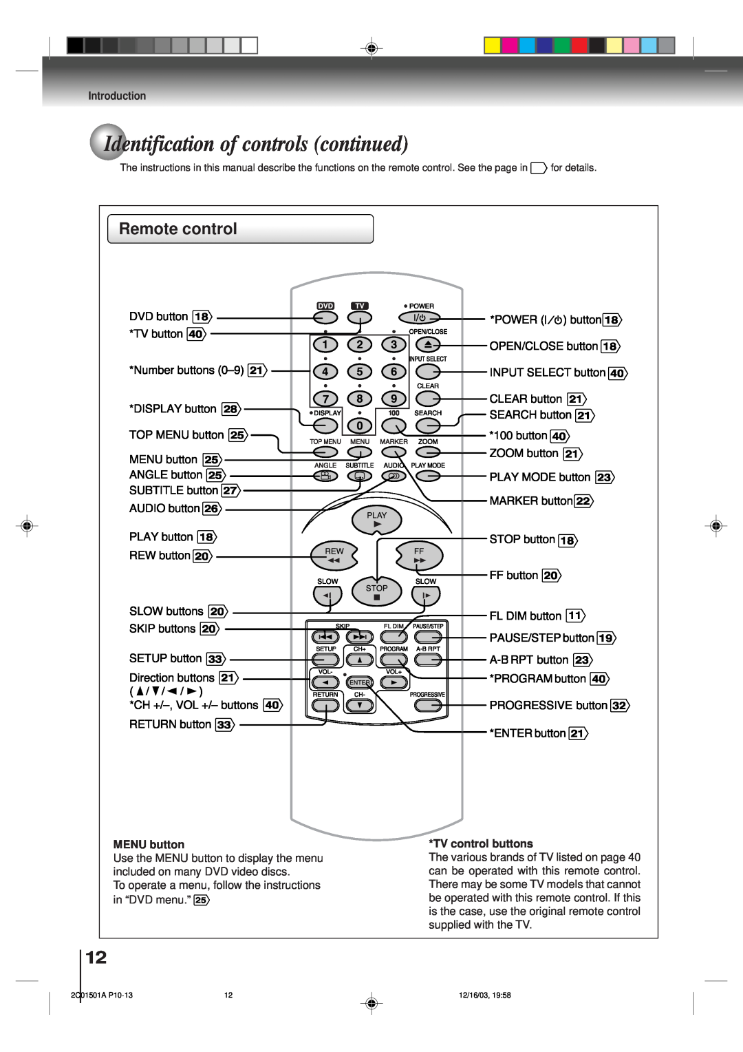 Toshiba SD-K740SU owner manual Identification of controls continued, Remote control 