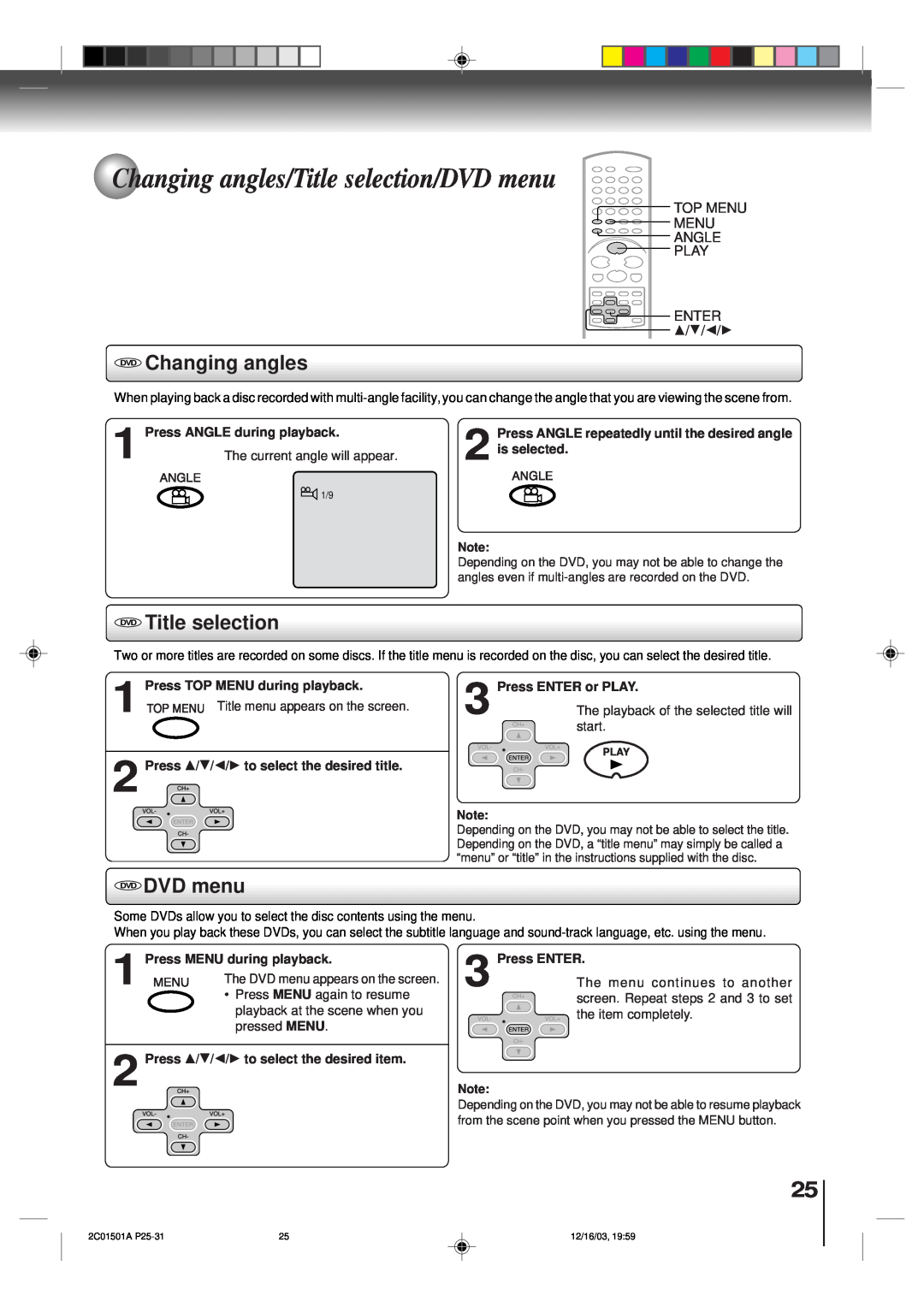 Toshiba SD-K740SU Changing angles/Title selection/DVD menu, DVD Changing angles, DVD Title selection, DVD DVD menu 