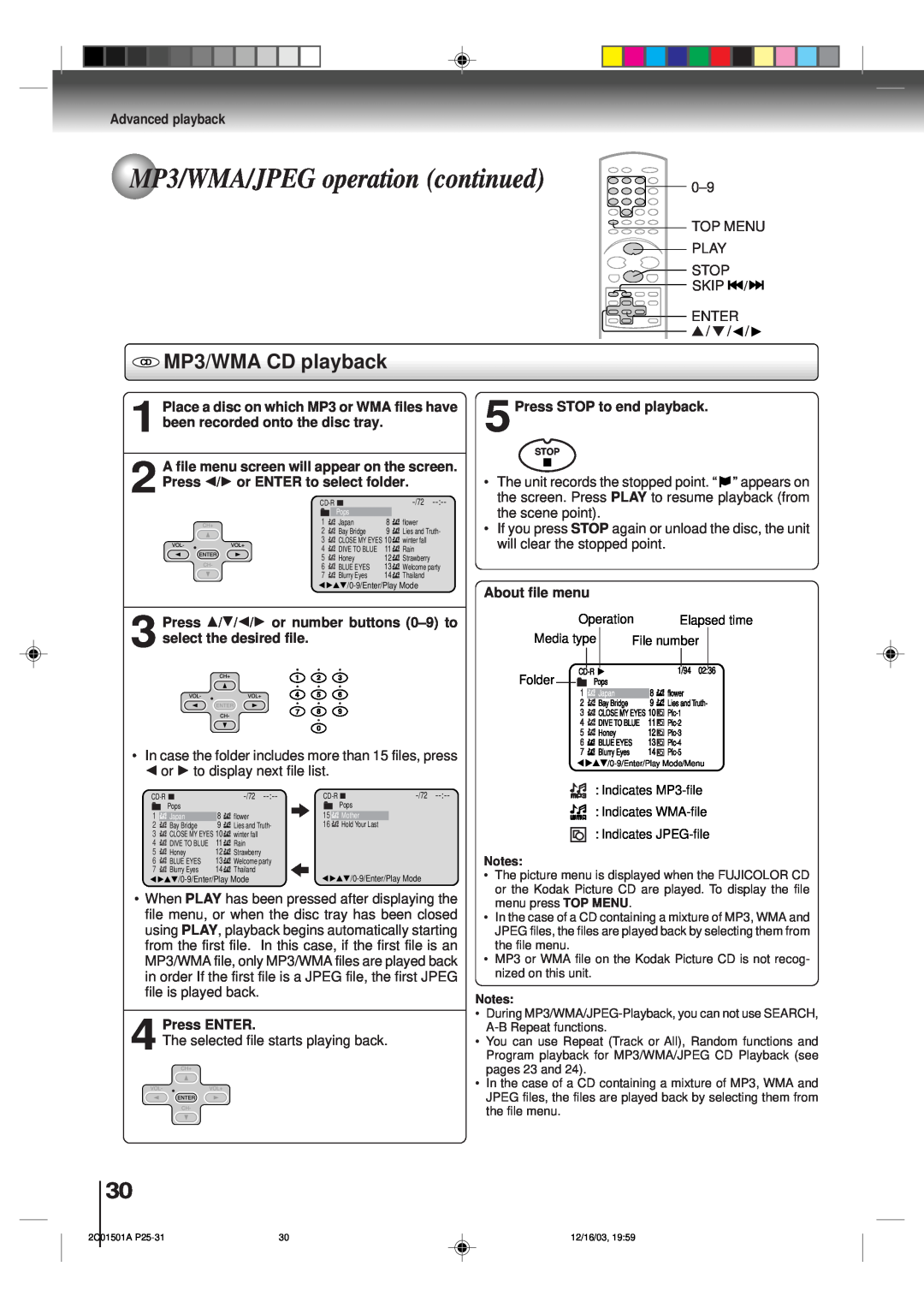 Toshiba SD-K740SU owner manual MP3/WMA/JPEG operation continued, CD MP3/WMA CD playback 