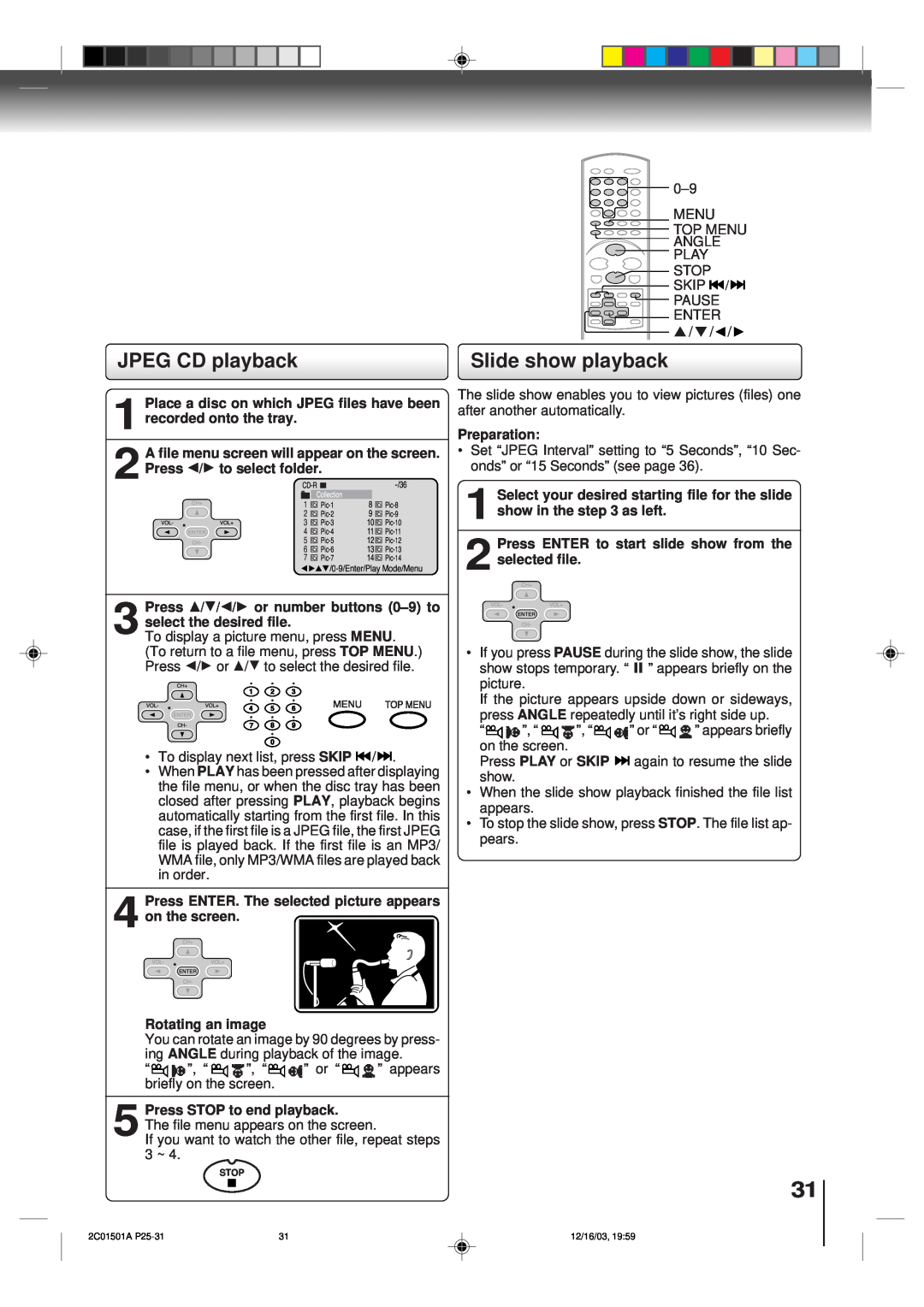 Toshiba SD-K740SU owner manual JPEG CD playback, Slide show playback 