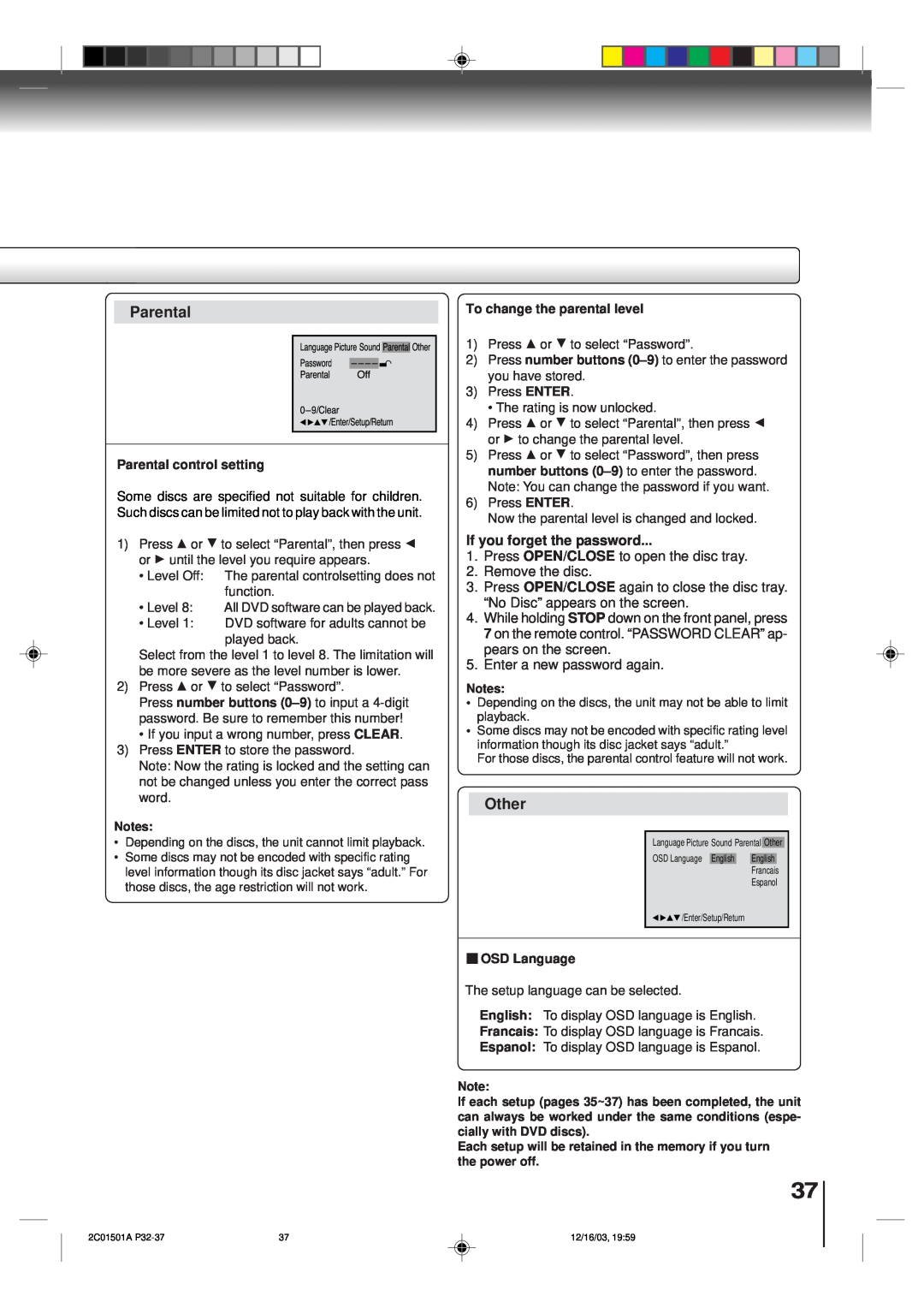 Toshiba SD-K740SU owner manual Other, Parental control setting, To change the parental level, OSD Language 