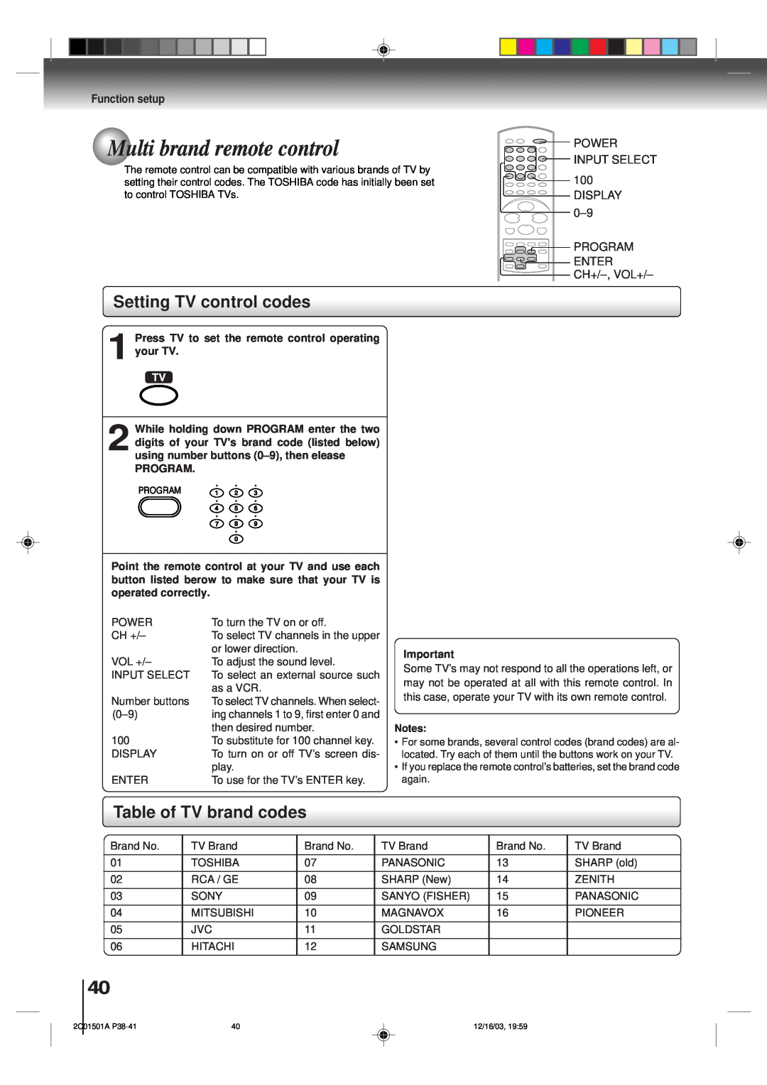Toshiba SD-K740SU owner manual Multi brand remote control, Setting TV control codes, Table of TV brand codes, Program 